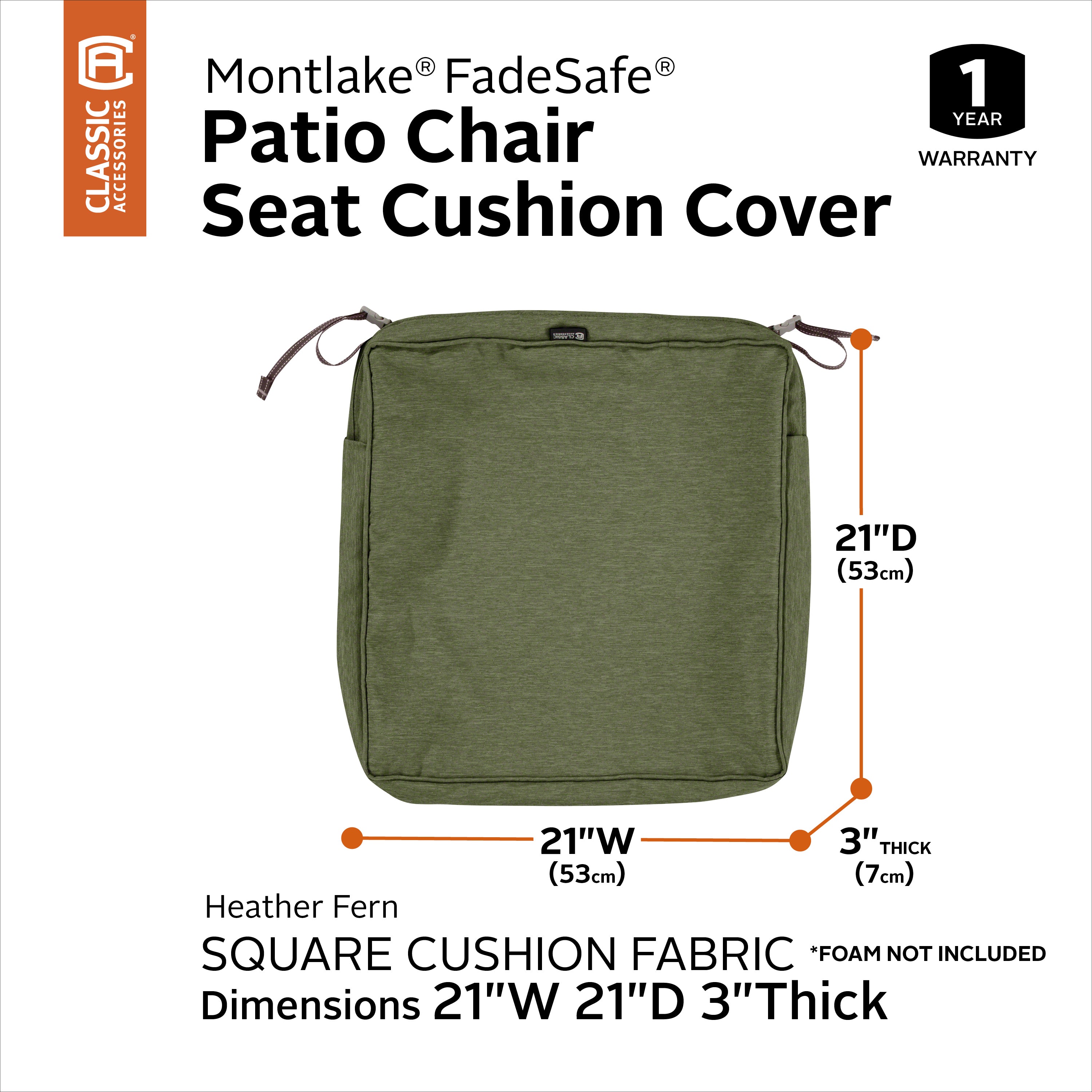 Classic Accessories Montlake FadeSafe Water-Resistant 3 Inch Thick Square Patio Dining Seat Cushion Cover