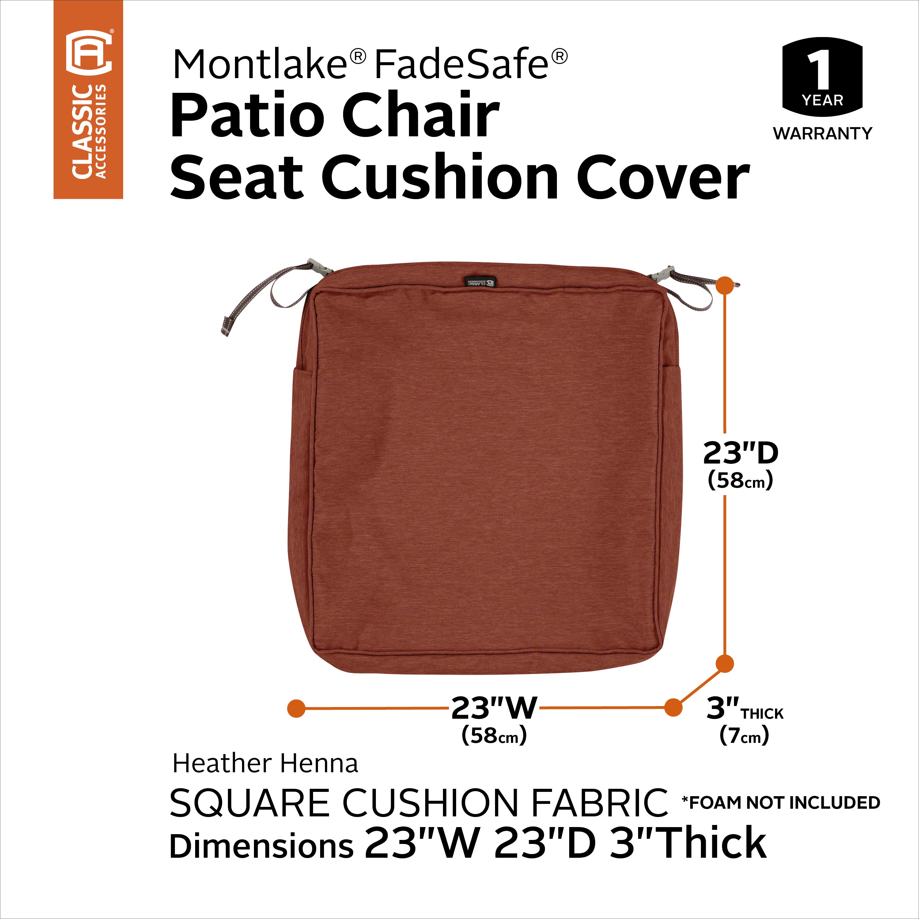 Classic Accessories Montlake FadeSafe Water-Resistant 3 Inch Thick Square Patio Dining Seat Cushion Cover