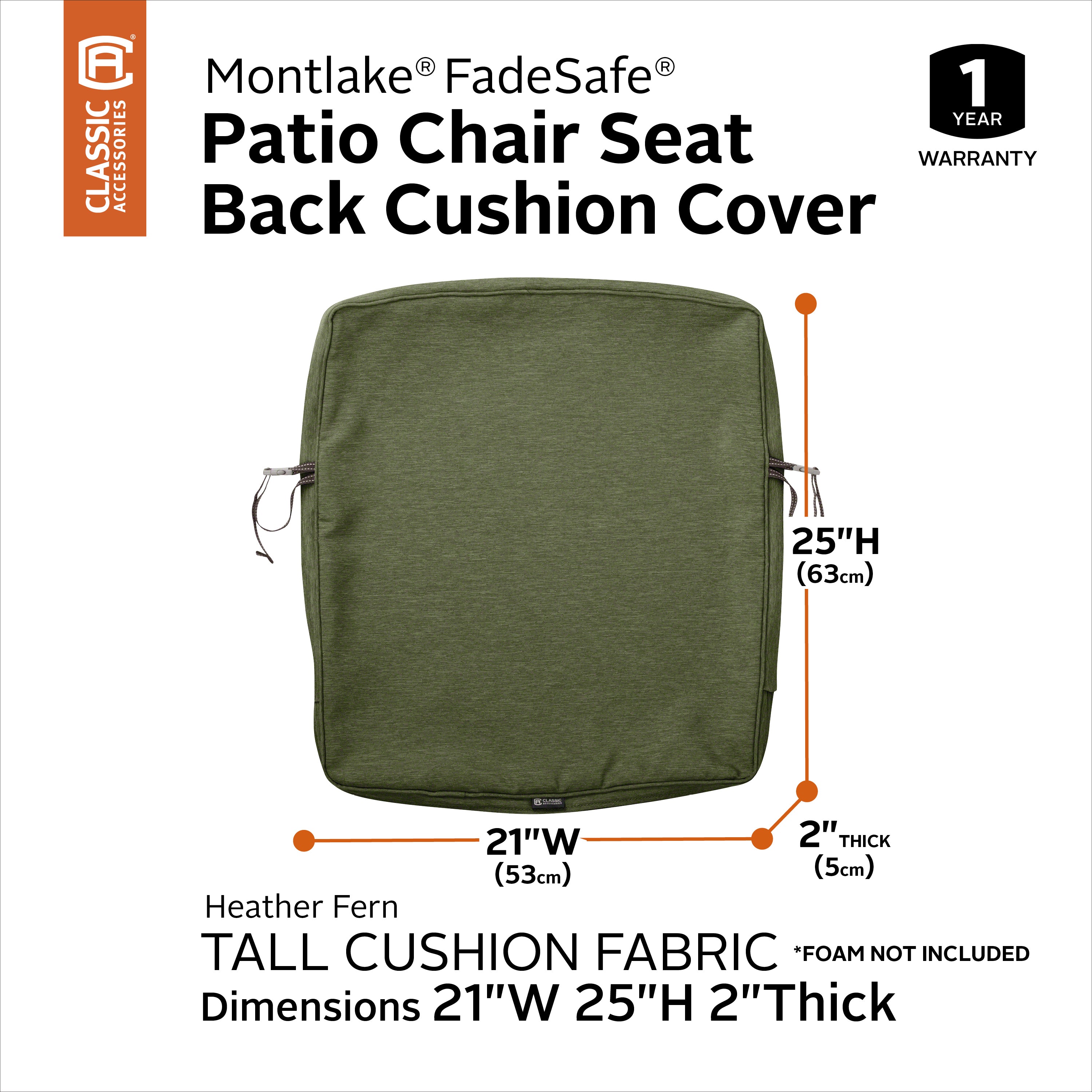 Classic Accessories Montlake FadeSafe Water-Resistant Patio Lounge Back Cushion Cover