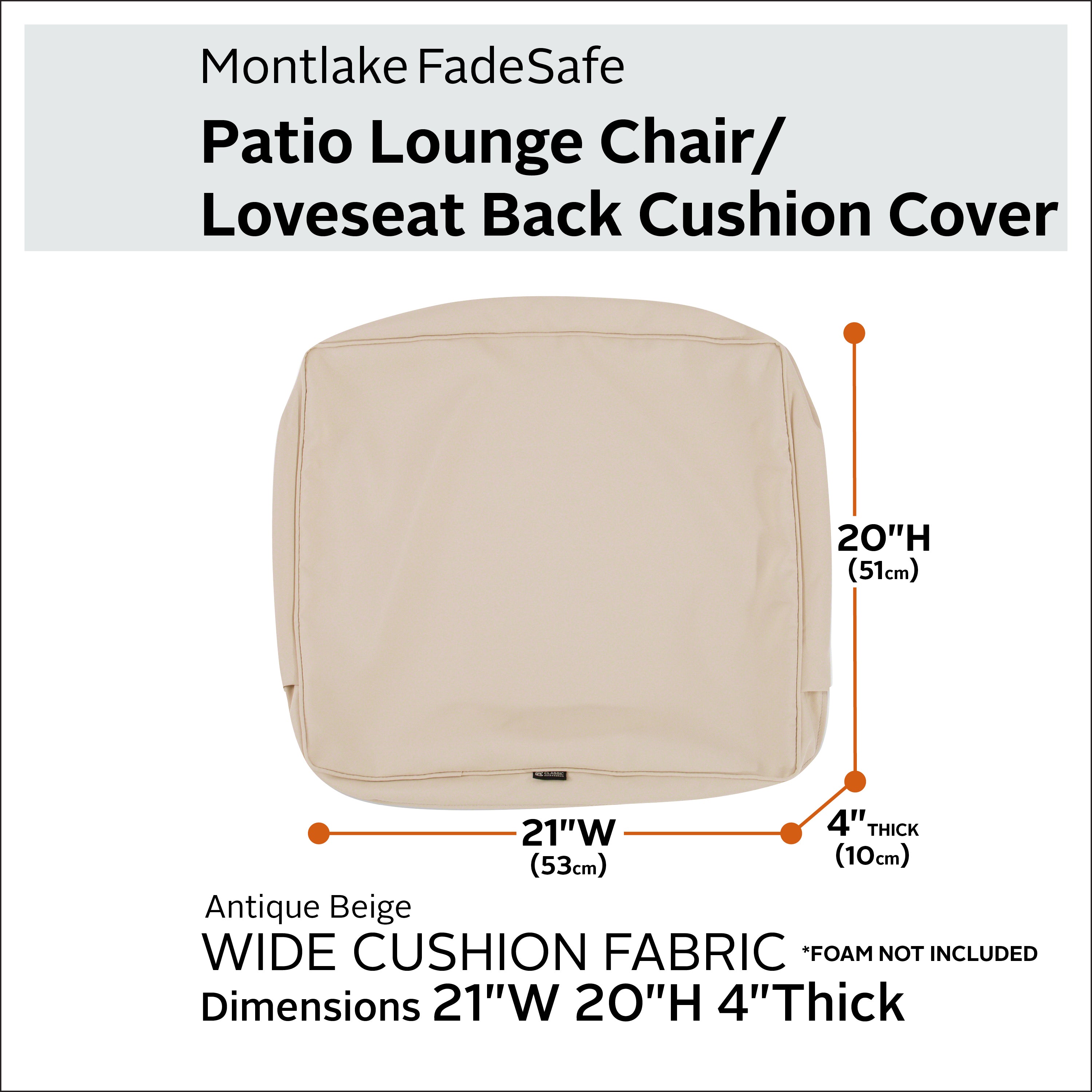 Classic Accessories Montlake FadeSafe Water-Resistant Patio Lounge Back Cushion Cover
