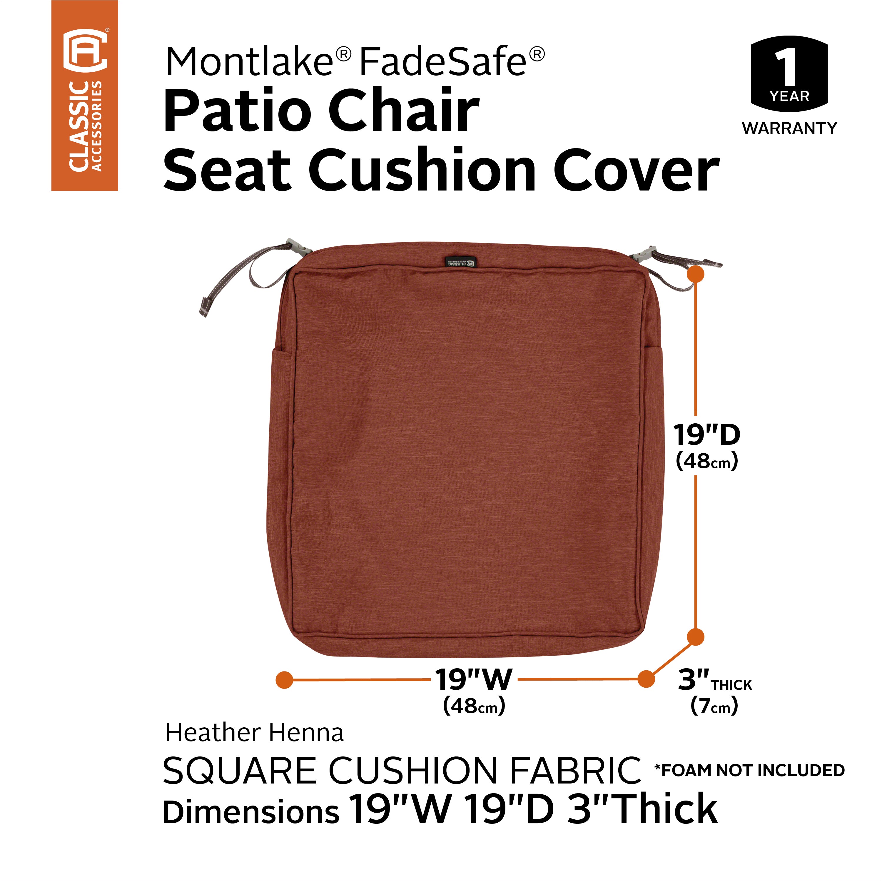 Classic Accessories Montlake FadeSafe Water-Resistant 3 Inch Thick Square Patio Dining Seat Cushion Cover