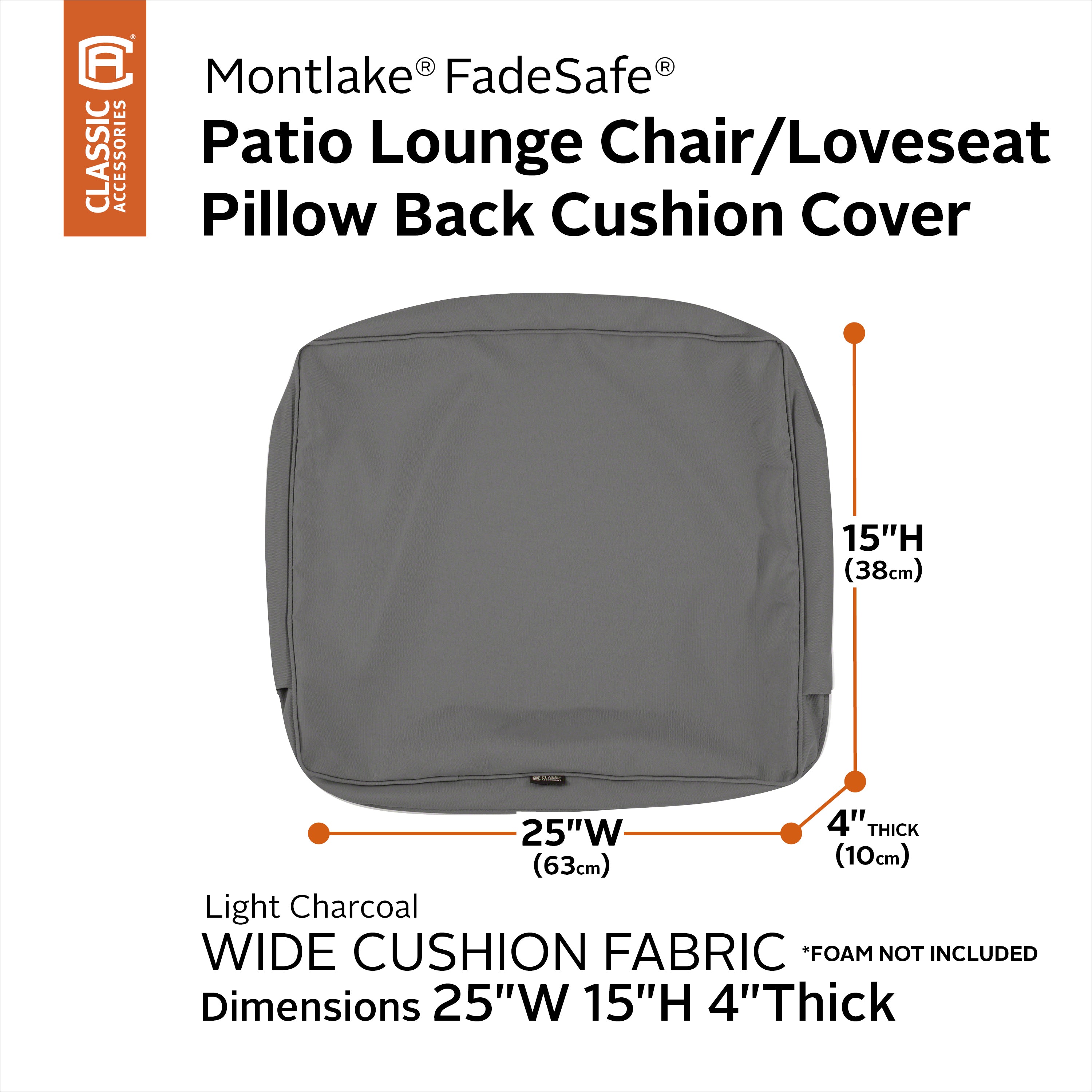 Classic Accessories Montlake FadeSafe Water-Resistant Patio Lounge Back Cushion Cover