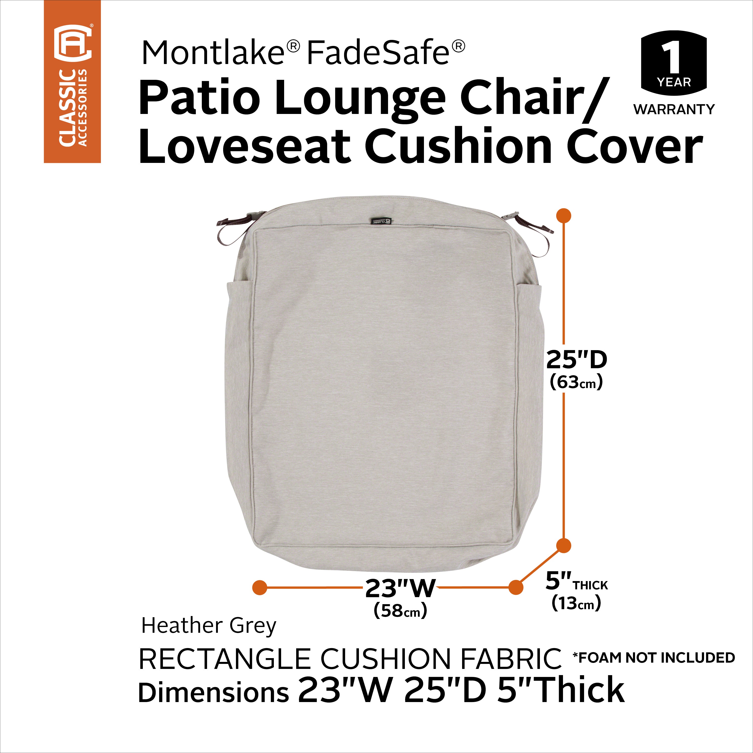 Classic Accessories Montlake FadeSafe Water-Resistant Rectangular Patio Lounge Seat Cushion Cover