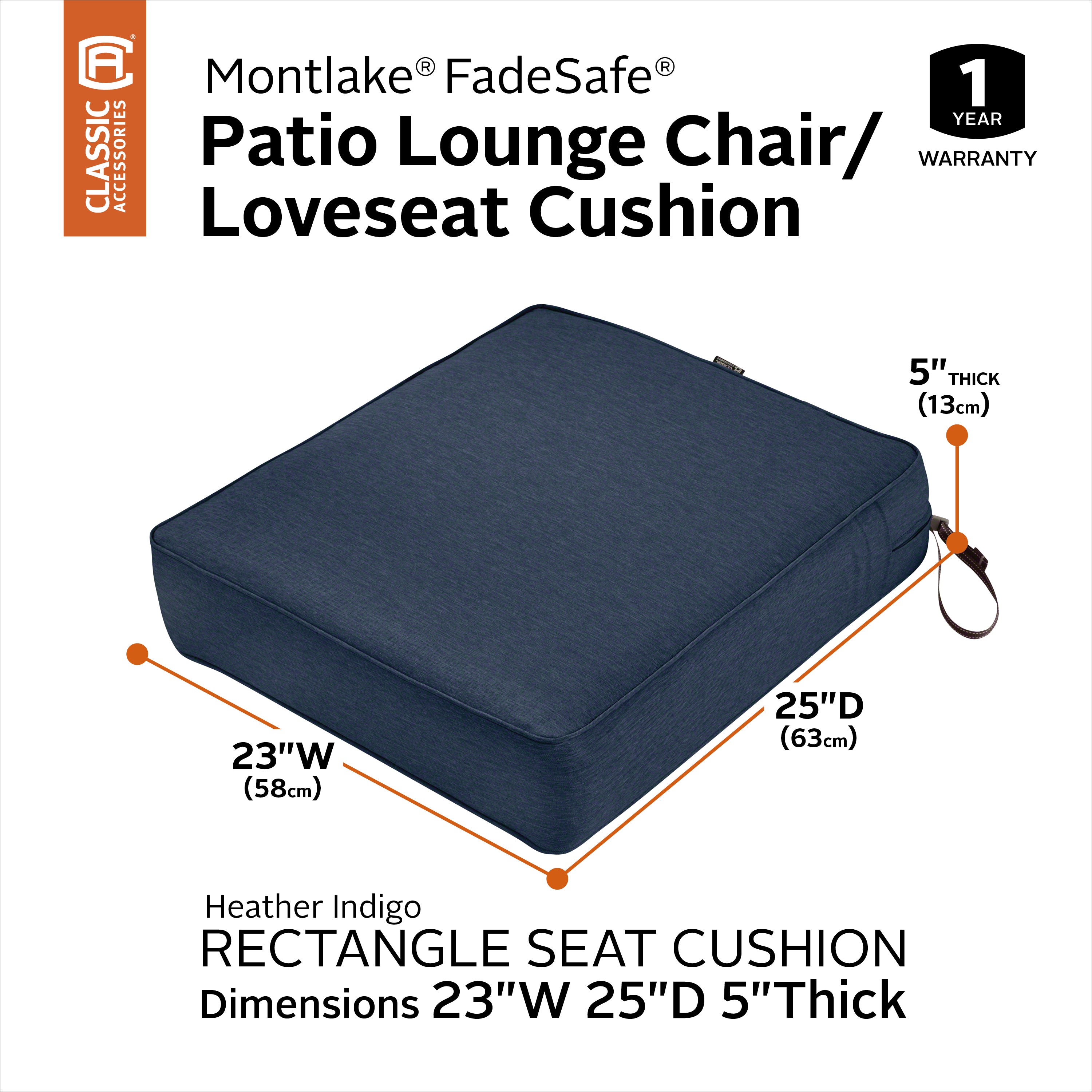 Classic Accessories Montlake FadeSafe Water-Resistant 5 Inch Thick Rectangle Patio Lounge Seat Cushion