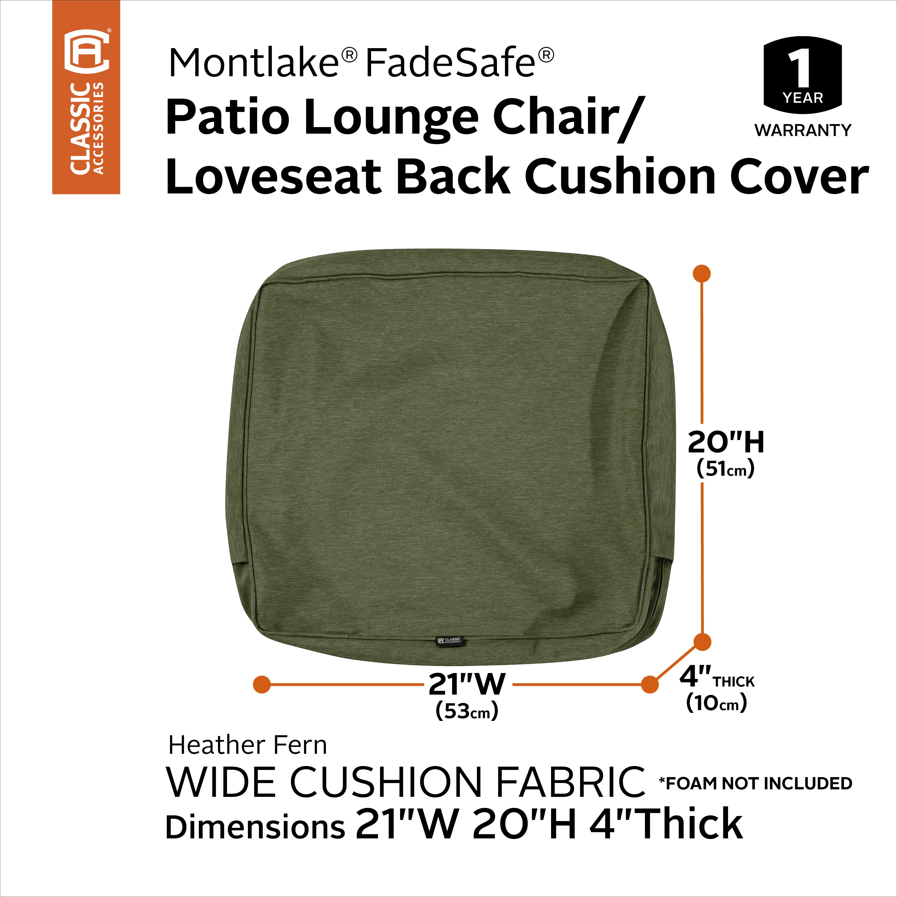 Classic Accessories Montlake FadeSafe Water-Resistant Patio Lounge Back Cushion Cover