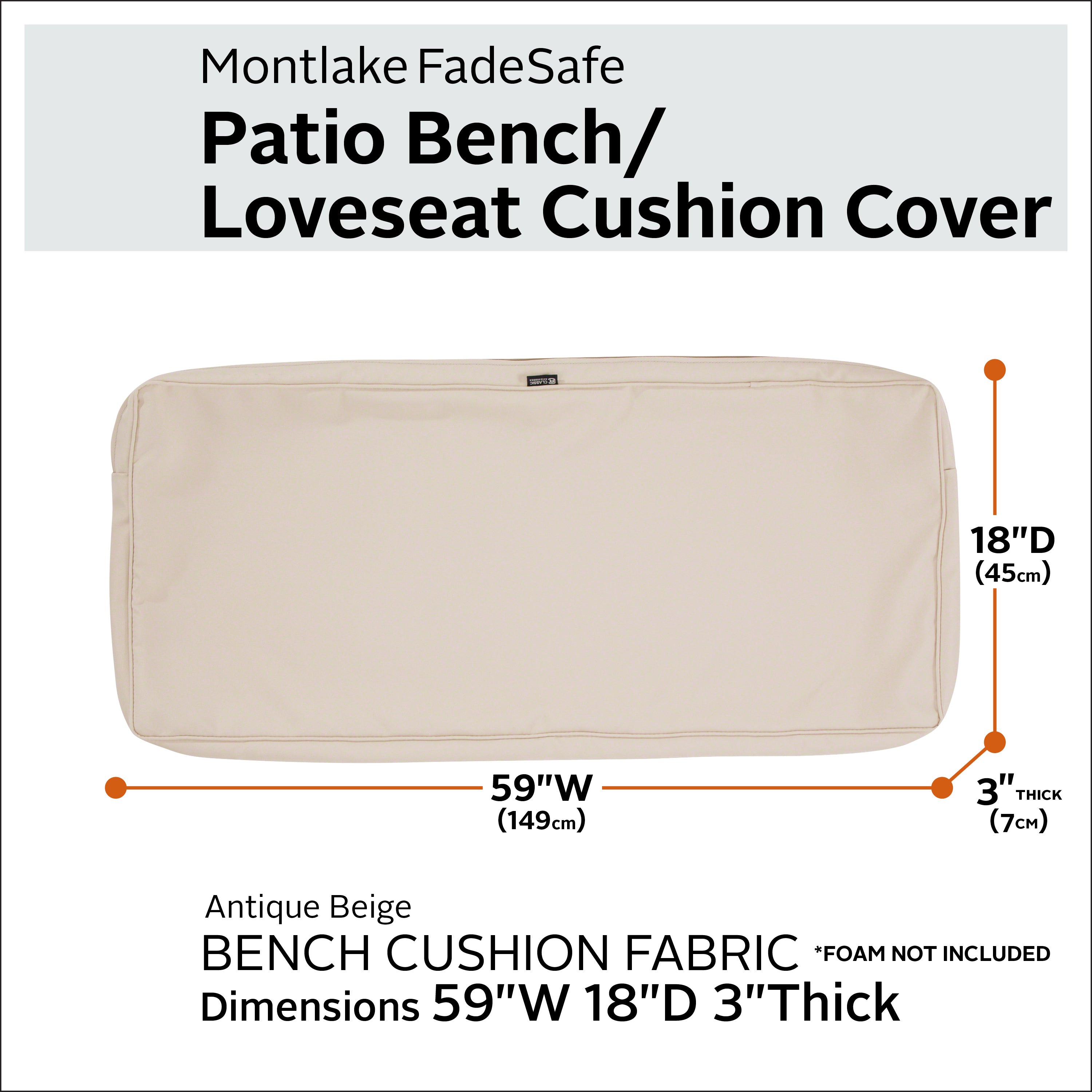Montlake FadeSafe 3-Inch Patio Bench/Settee Cushion Cover | Classic