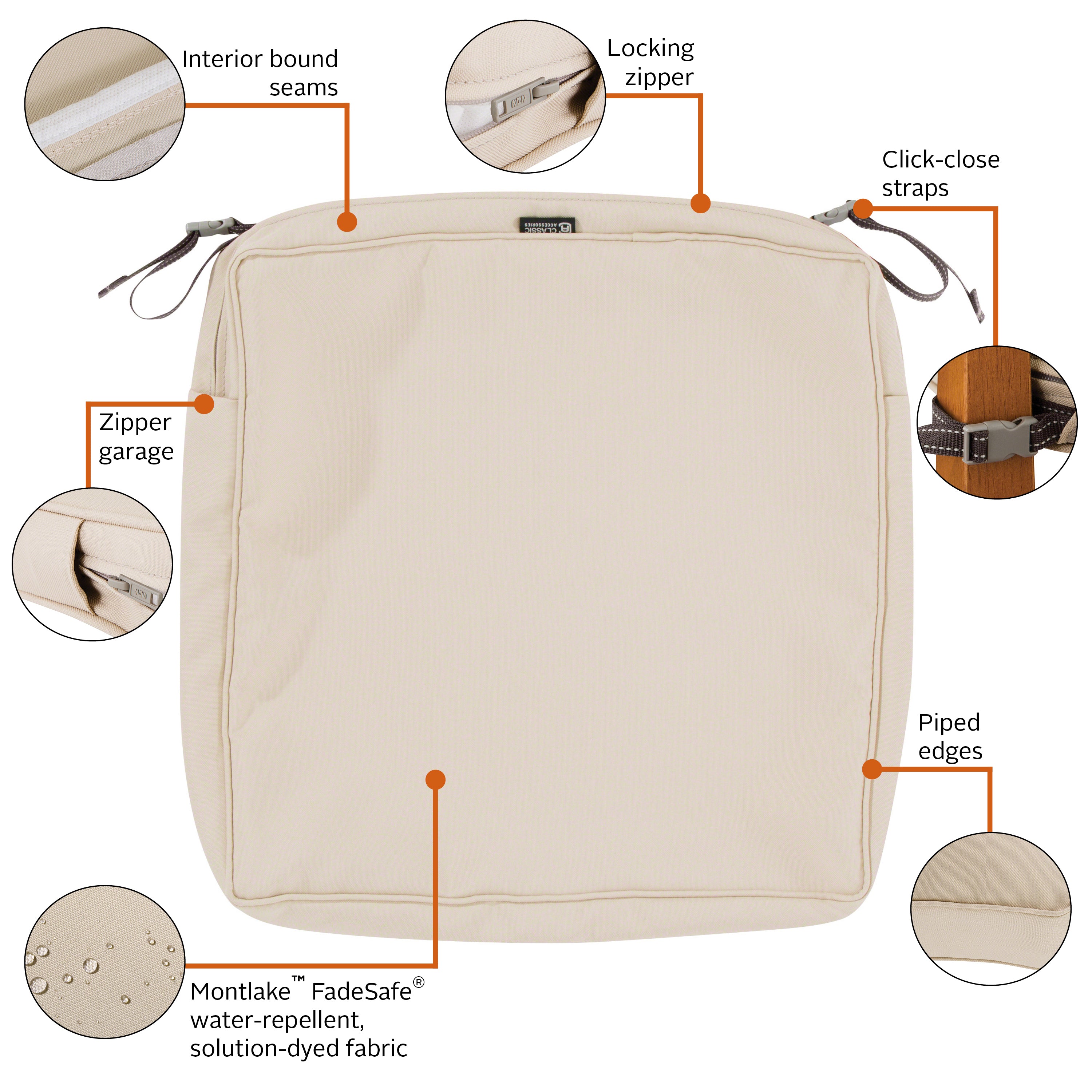 Classic Accessories Montlake FadeSafe Water-Resistant 3 Inch Thick Square Patio Dining Seat Cushion Cover