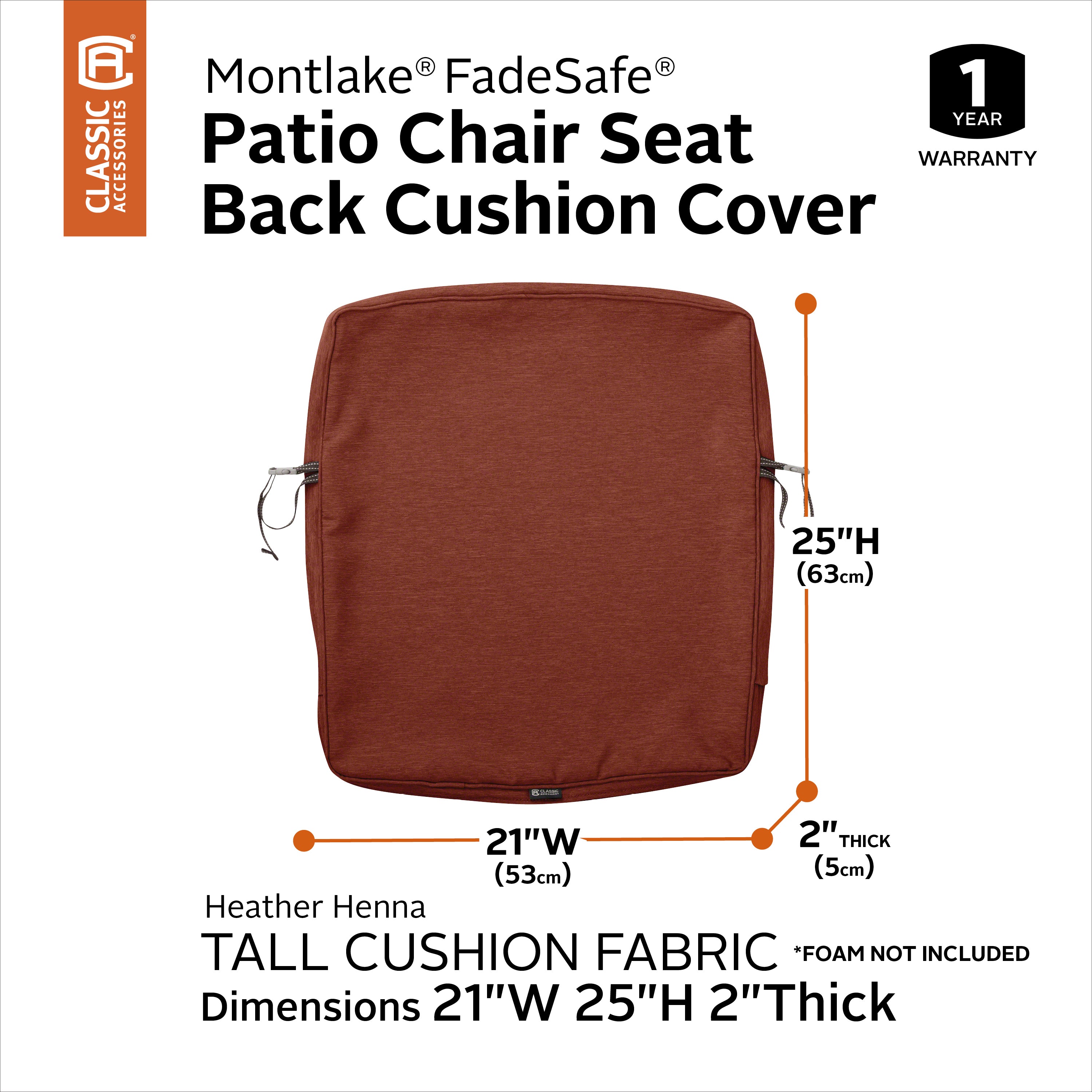 Classic Accessories Montlake FadeSafe Water-Resistant Patio Lounge Back Cushion Cover