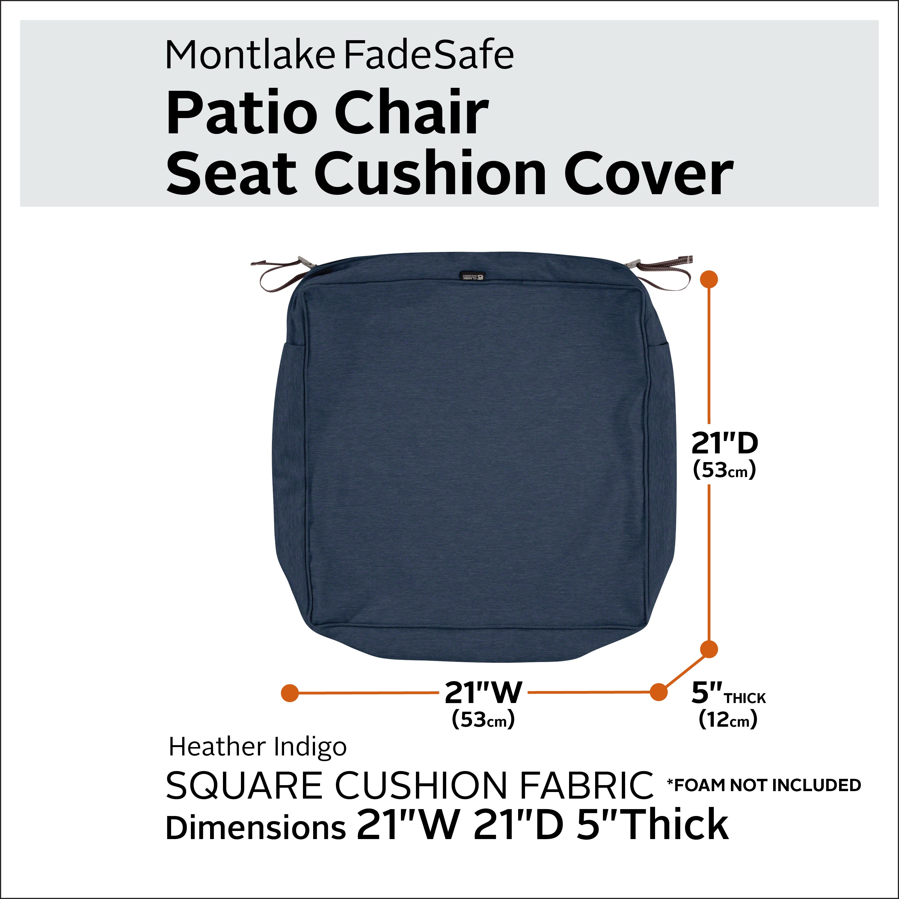 Classic Accessories Montlake FadeSafe Water-Resistant 5 Inch Thick Square Patio Dining Seat Cushion Cover