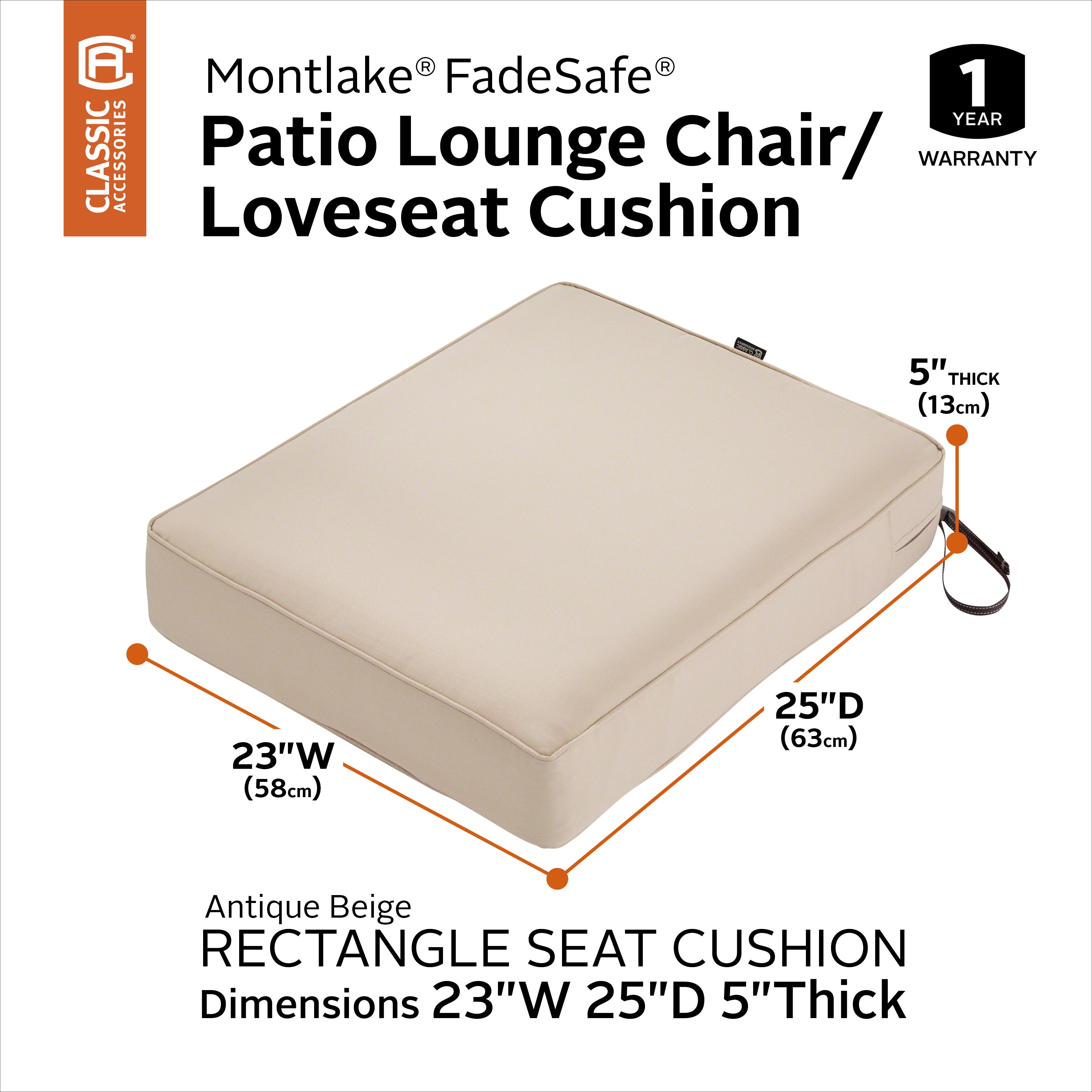 Classic Accessories Montlake FadeSafe Water-Resistant 5 Inch Thick Rectangle Patio Lounge Seat Cushion