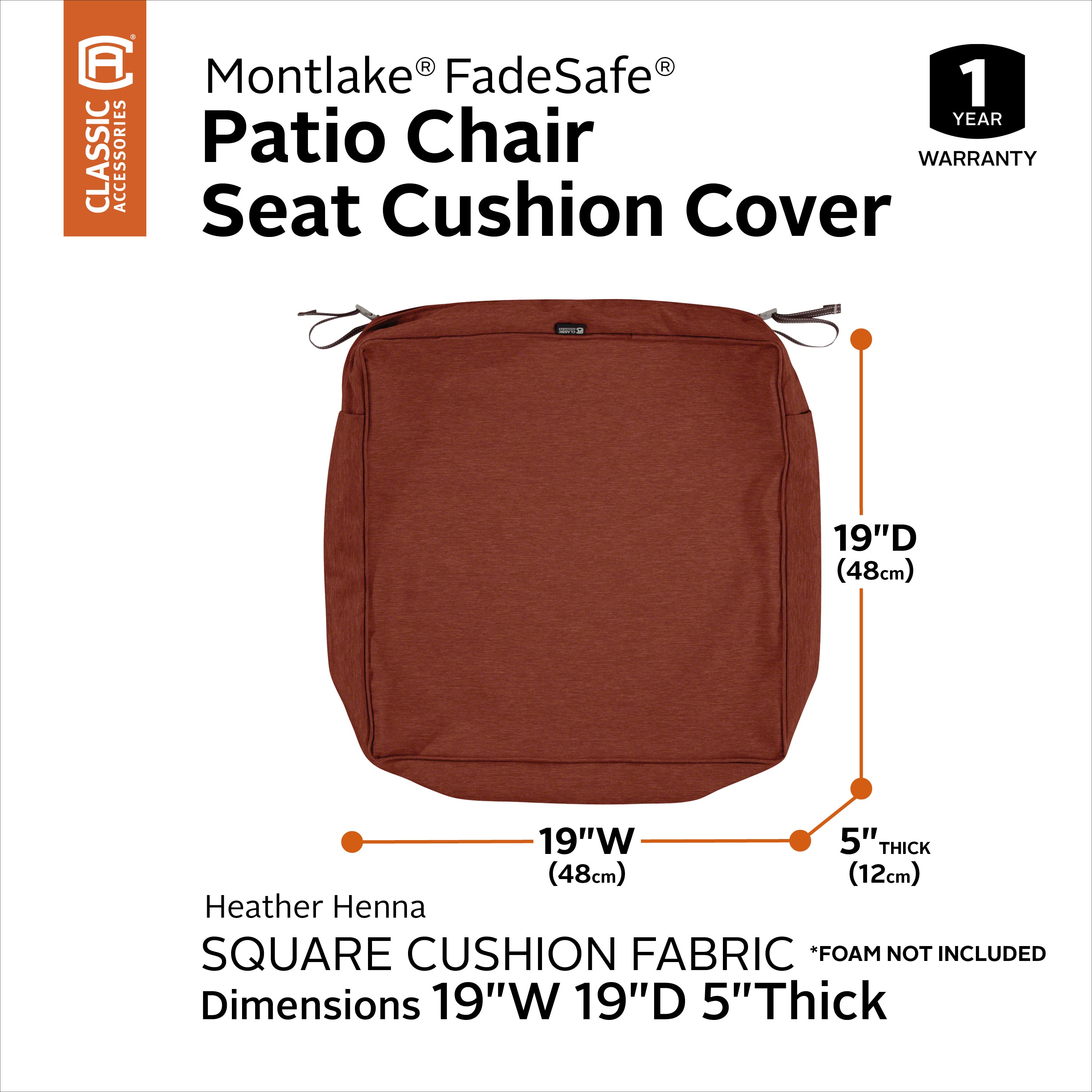 Classic Accessories Montlake FadeSafe Water-Resistant 5 Inch Thick Square Patio Dining Seat Cushion Cover