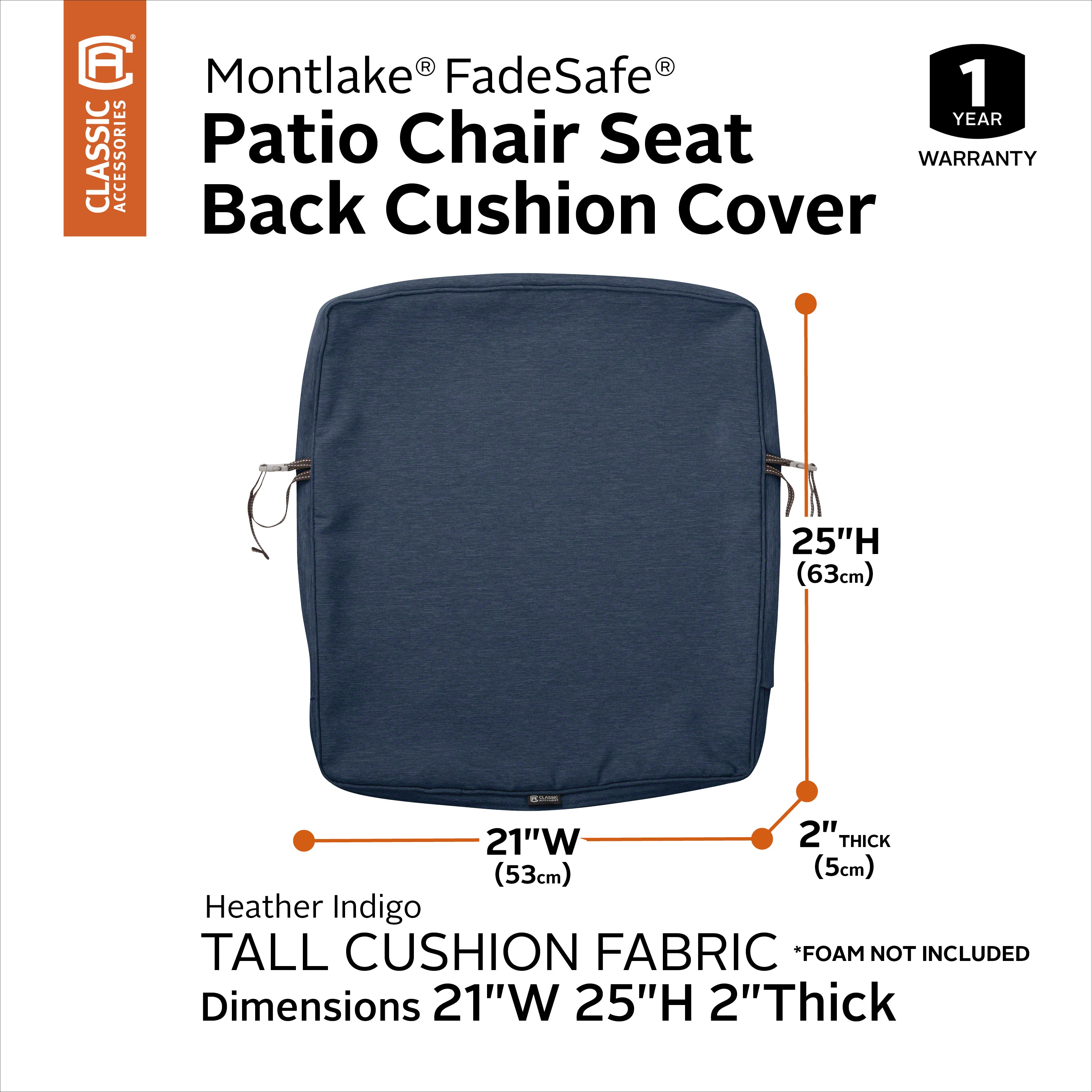 Classic Accessories Montlake FadeSafe Water-Resistant Patio Lounge Back Cushion Cover