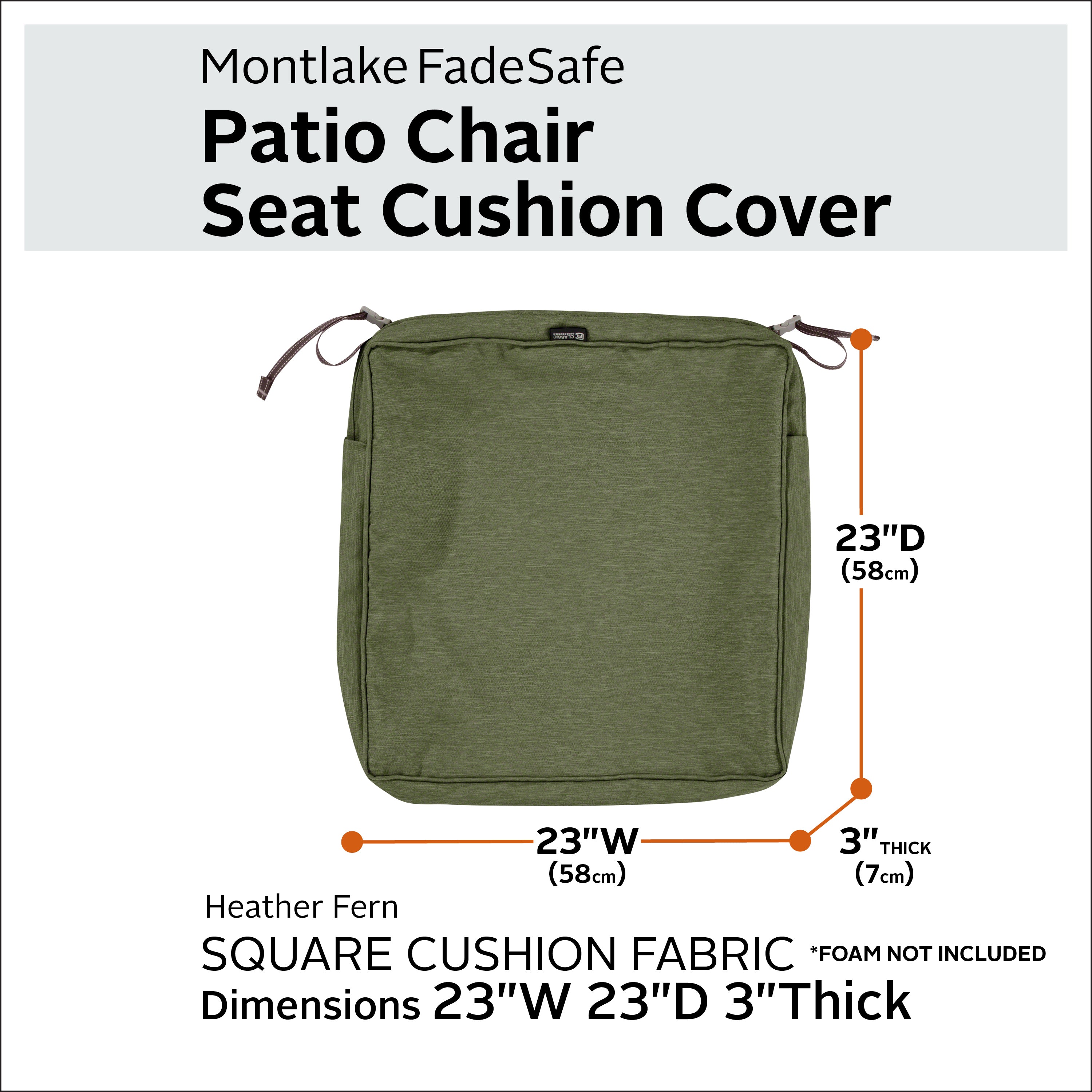 Classic Accessories Montlake FadeSafe Water-Resistant 3 Inch Thick Square Patio Dining Seat Cushion Cover
