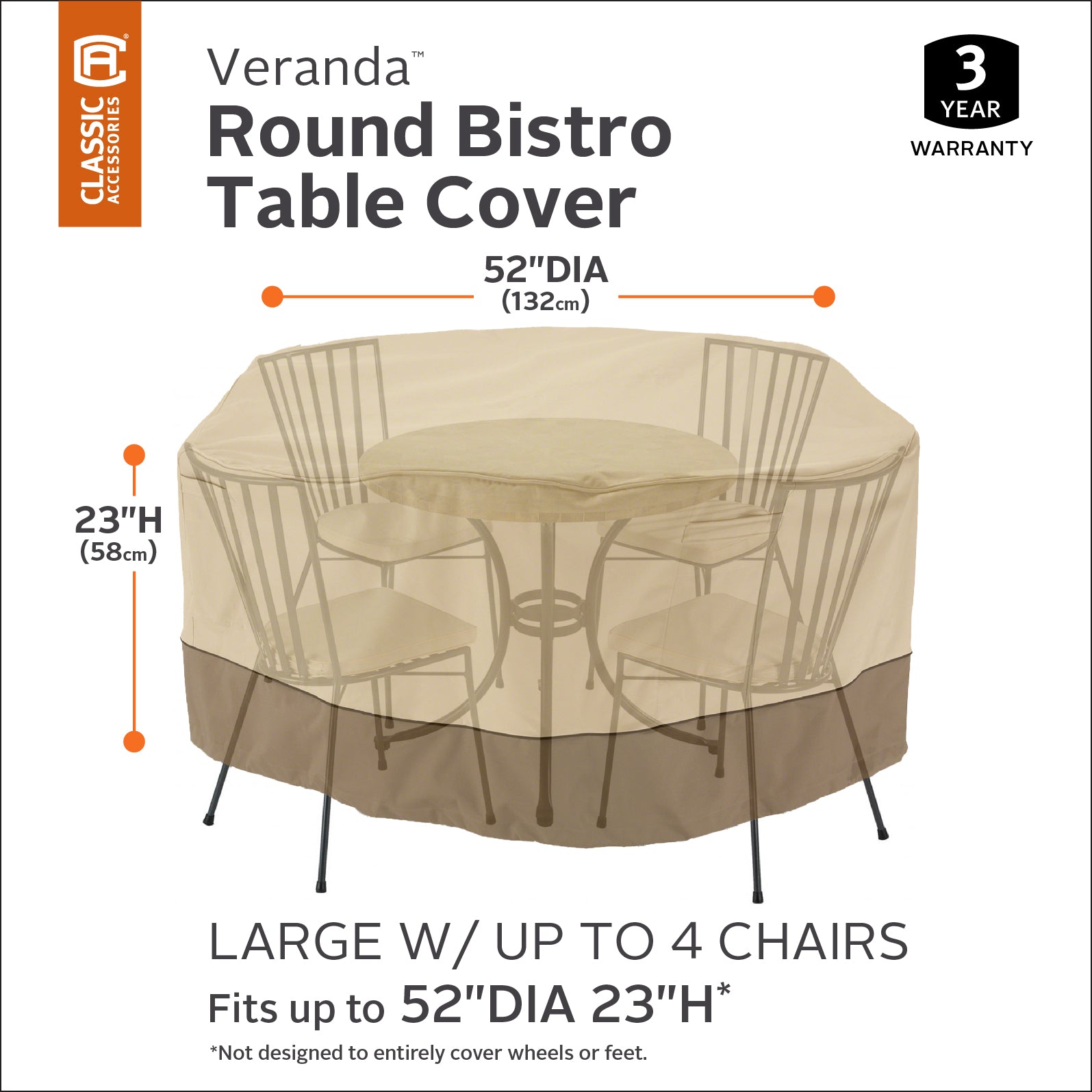 Veranda Water-Resistant 52 Inch Bistro Round Patio Table & Chair Set Cover