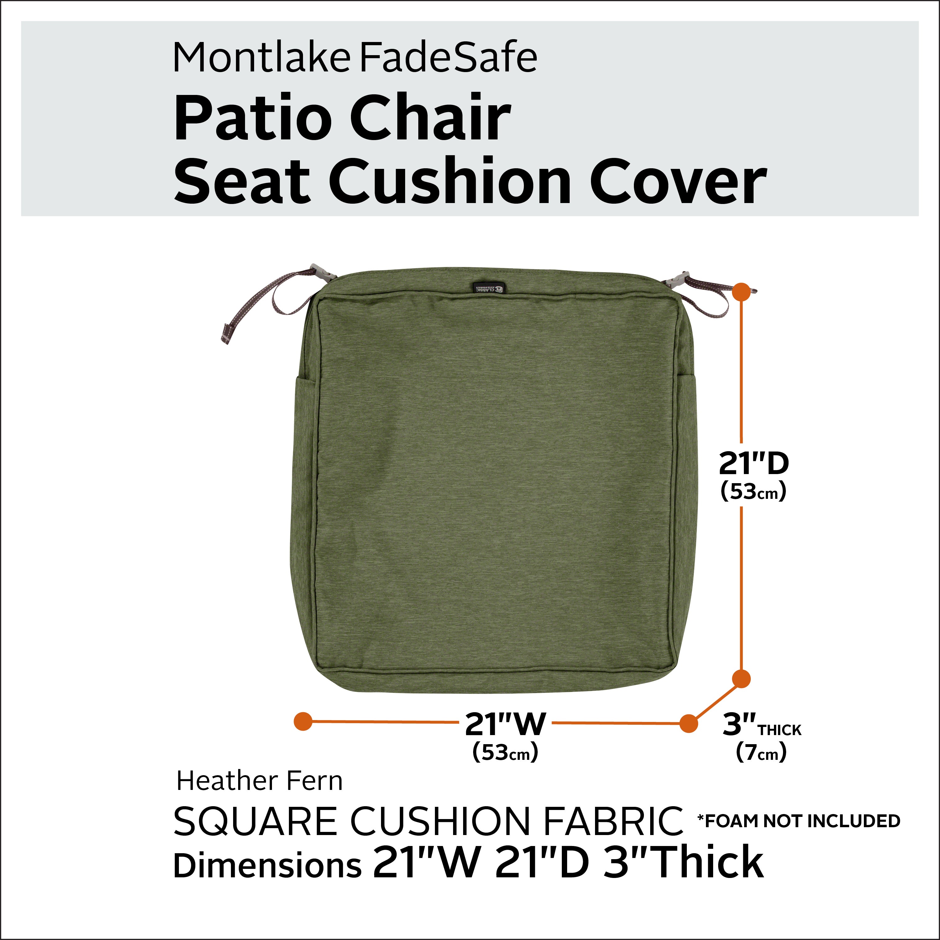 Classic Accessories Montlake FadeSafe Water-Resistant 3 Inch Thick Square Patio Dining Seat Cushion Cover