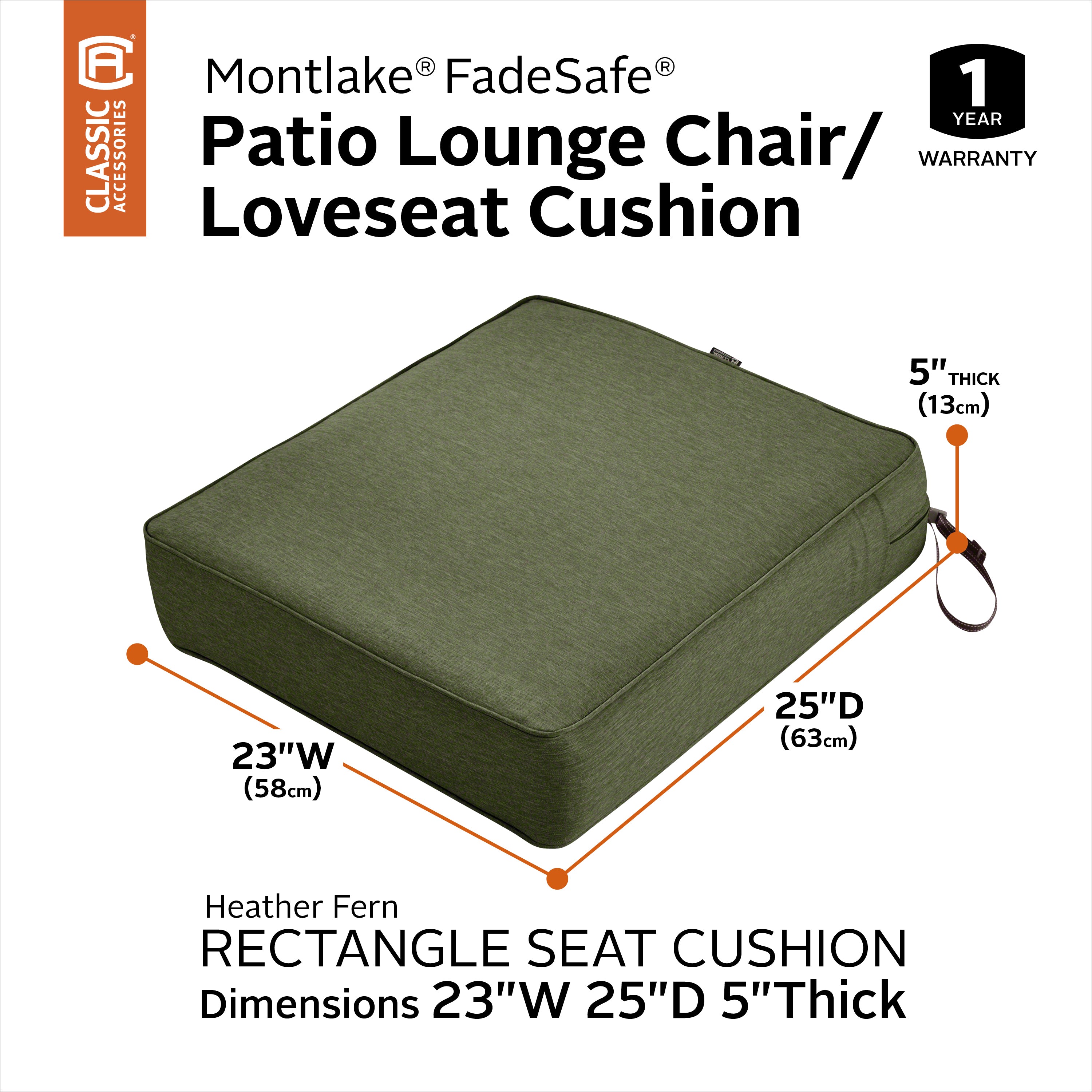 Classic Accessories Montlake FadeSafe Water-Resistant 5 Inch Thick Rectangle Patio Lounge Seat Cushion