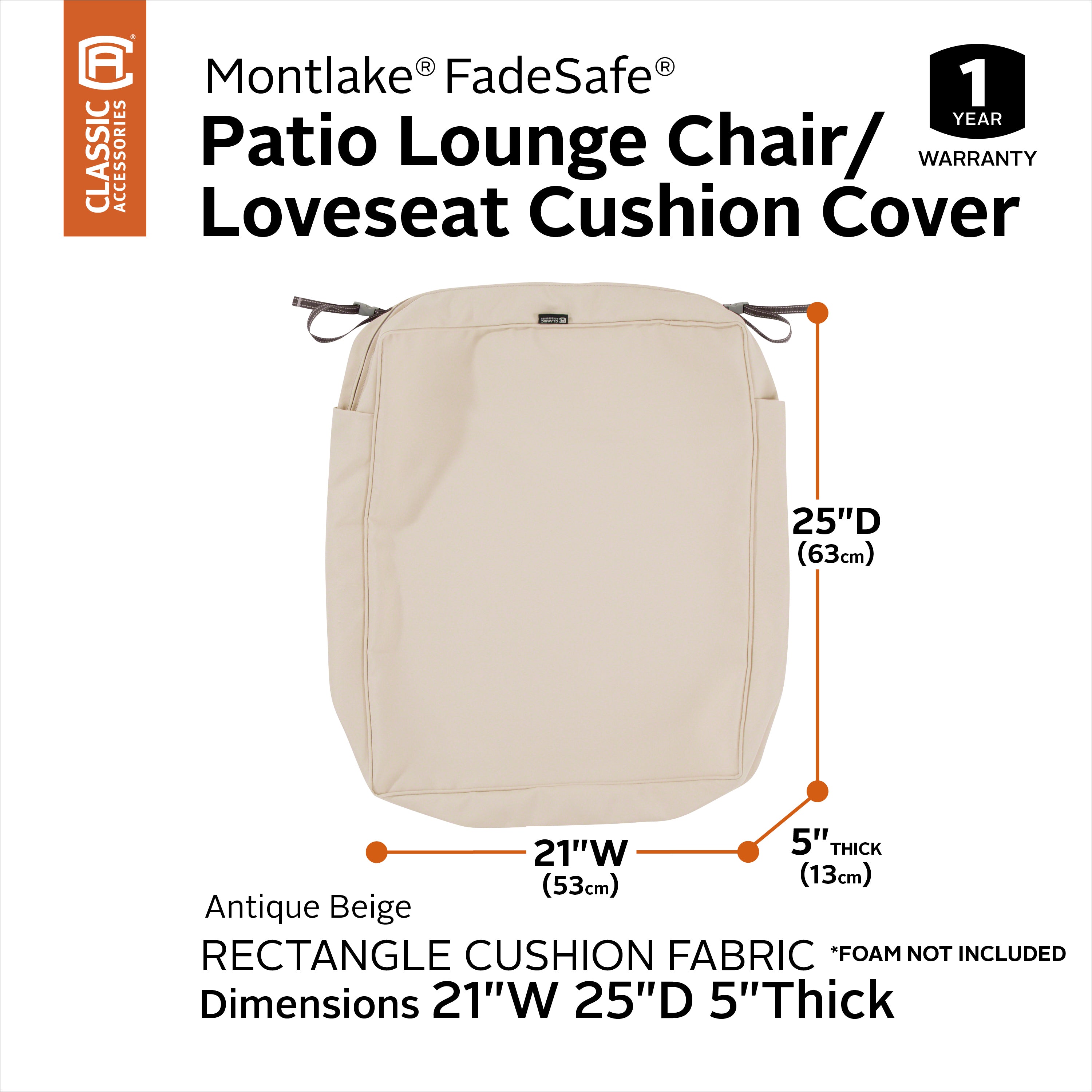 Classic Accessories Montlake FadeSafe Water-Resistant Rectangular Patio Lounge Seat Cushion Cover