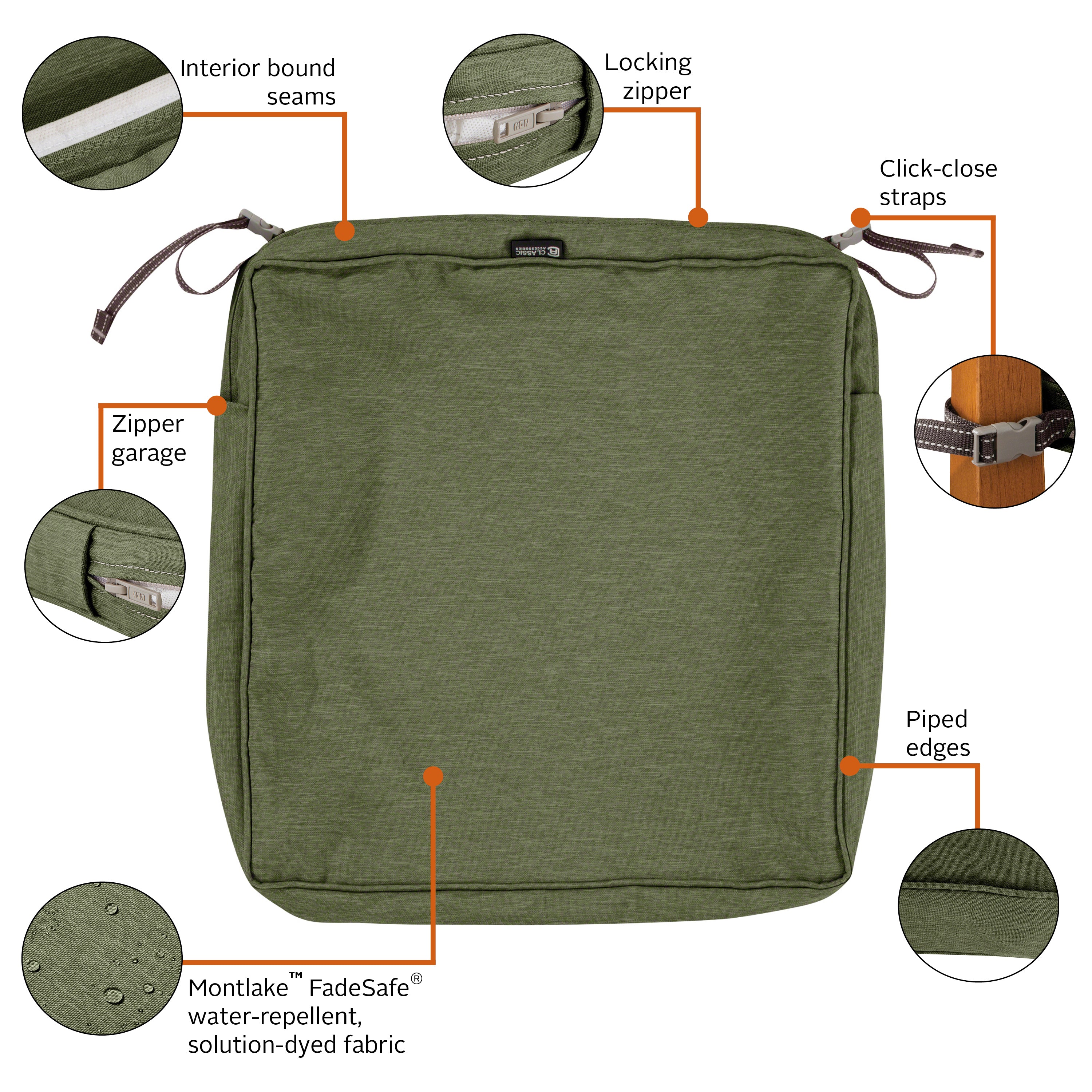 Classic Accessories Montlake FadeSafe Water-Resistant 3 Inch Thick Square Patio Dining Seat Cushion Cover