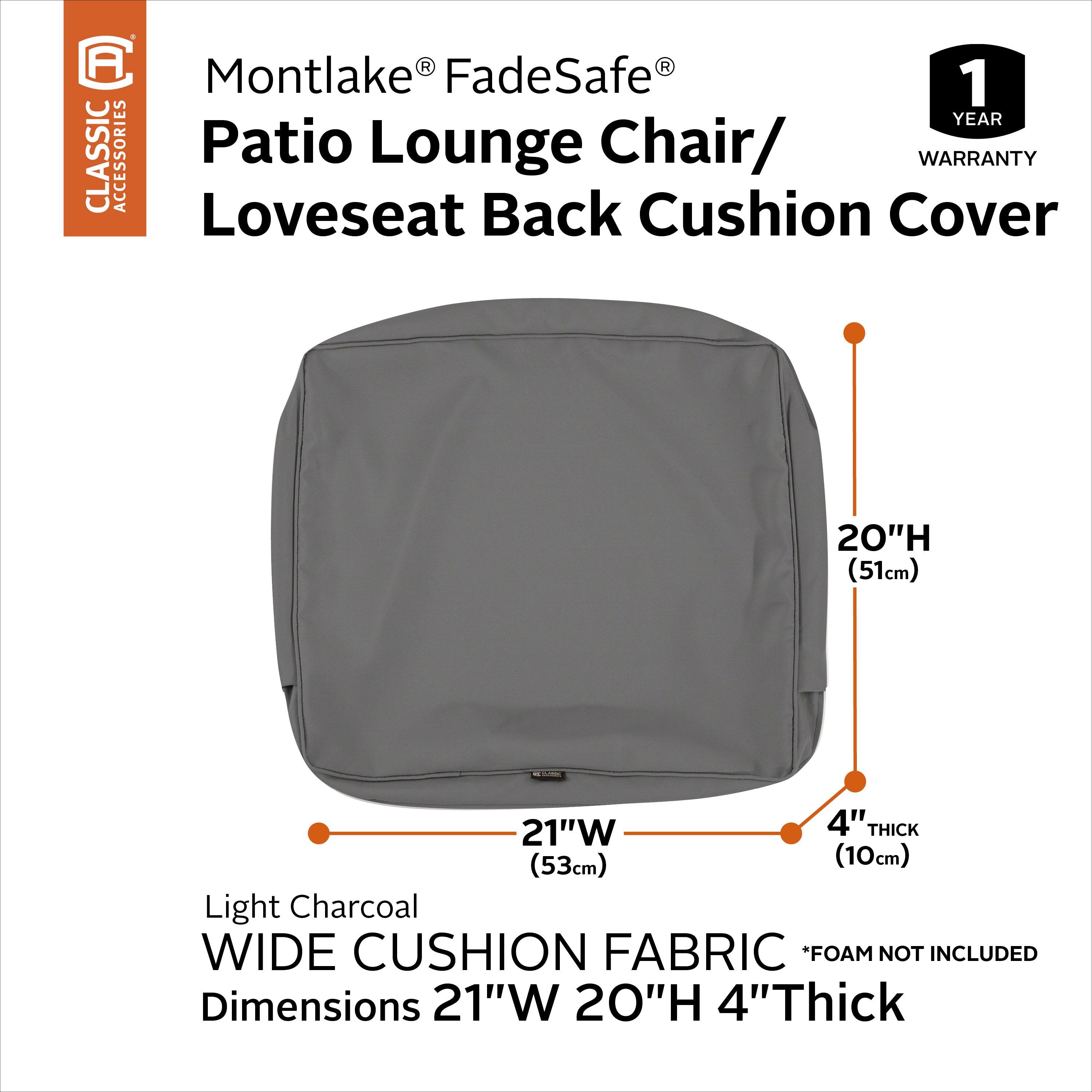 Classic Accessories Montlake FadeSafe Water-Resistant Patio Lounge Back Cushion Cover