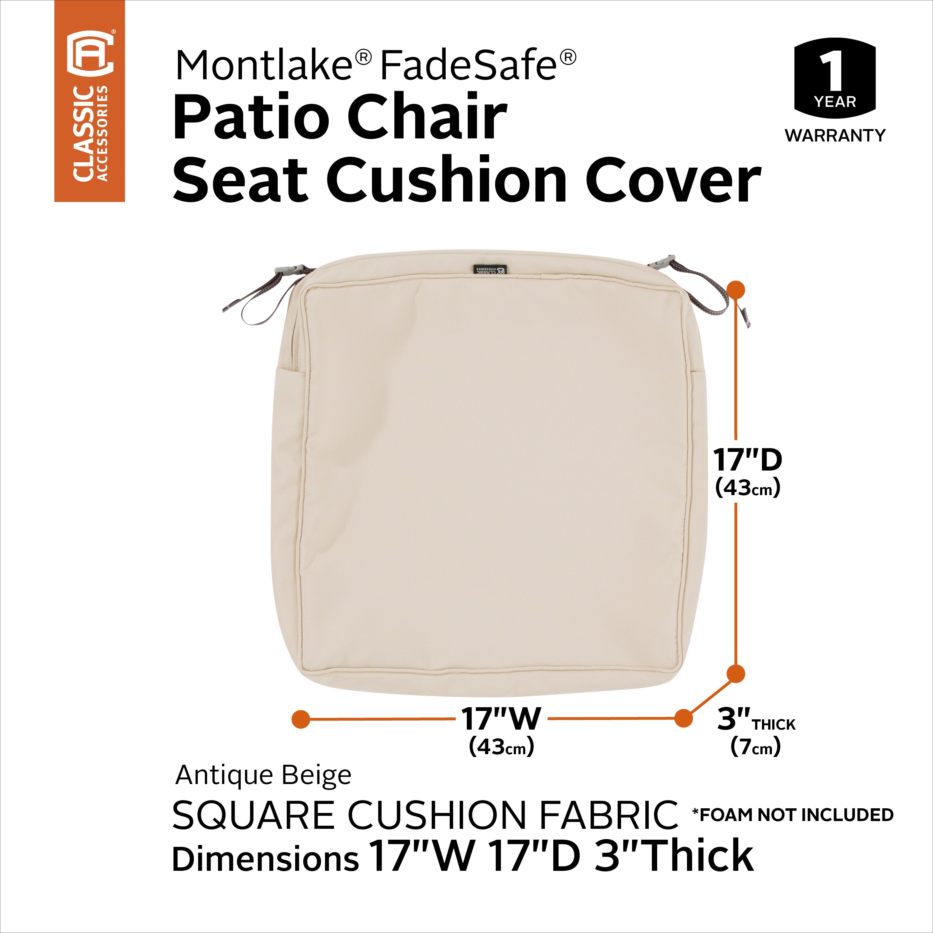 Classic Accessories Montlake FadeSafe Water-Resistant 3 Inch Thick Square Patio Dining Seat Cushion Cover