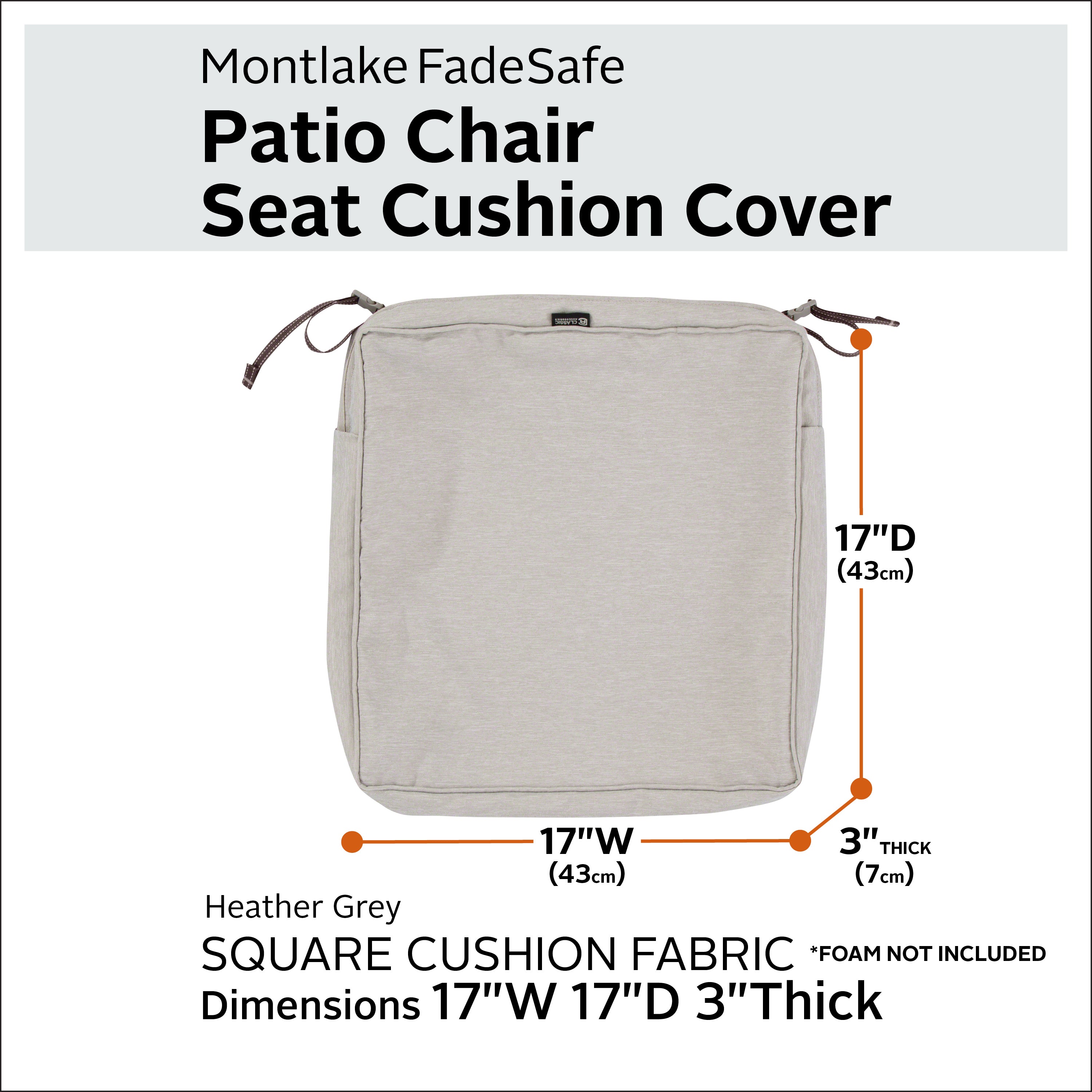 Classic Accessories Montlake FadeSafe Water-Resistant 3 Inch Thick Square Patio Dining Seat Cushion Cover