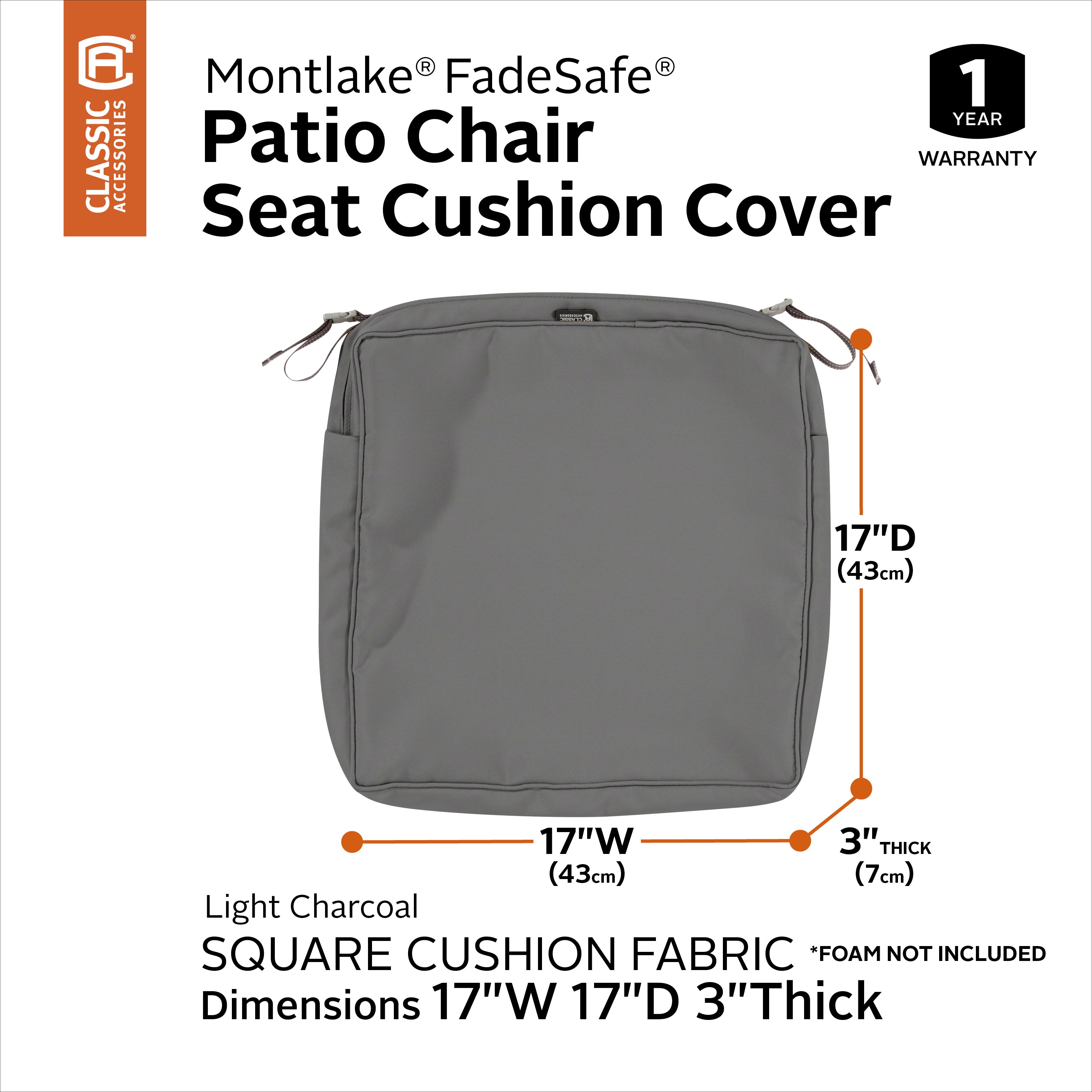 Classic Accessories Montlake FadeSafe Water-Resistant 3 Inch Thick Square Patio Dining Seat Cushion Cover