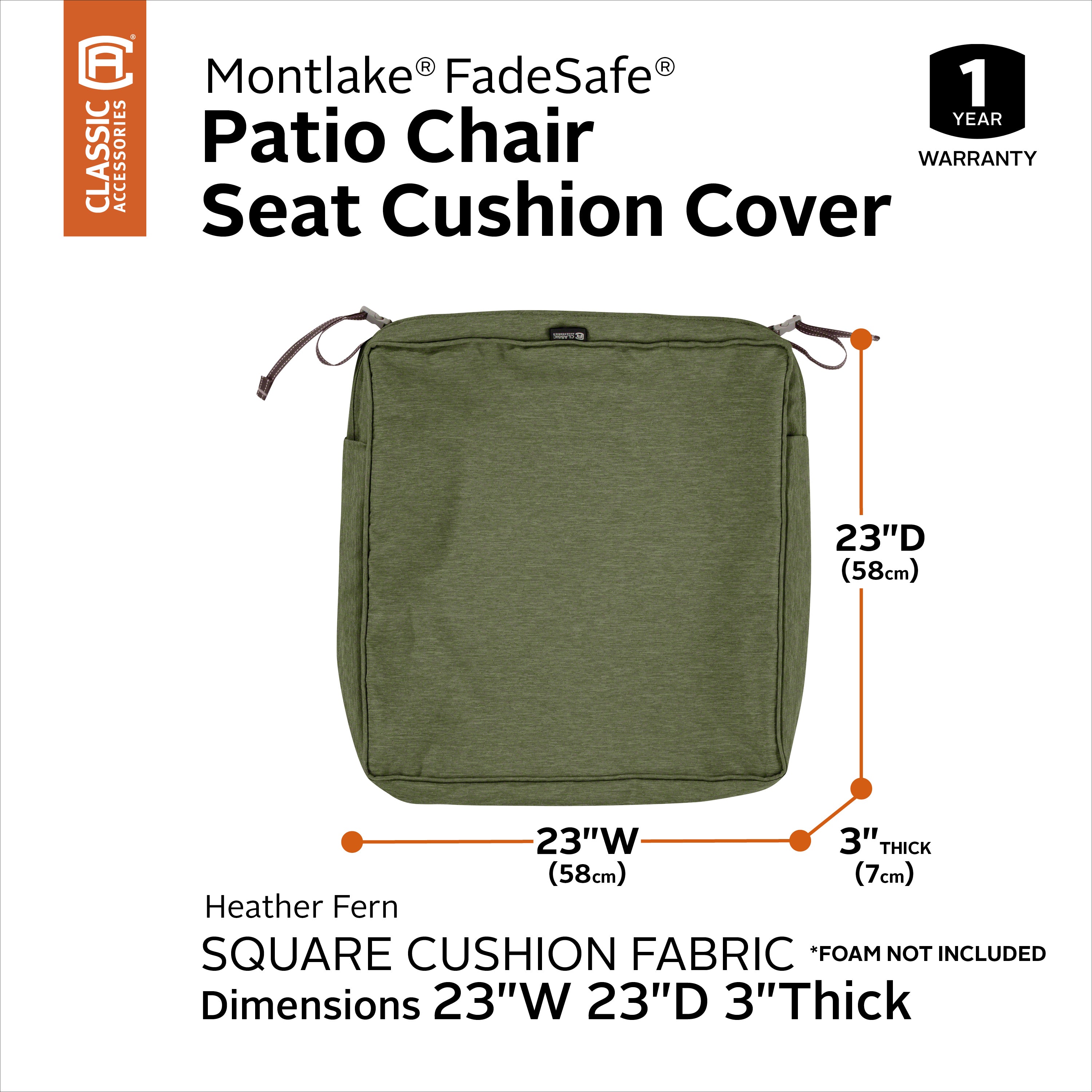 Classic Accessories Montlake FadeSafe Water-Resistant 3 Inch Thick Square Patio Dining Seat Cushion Cover