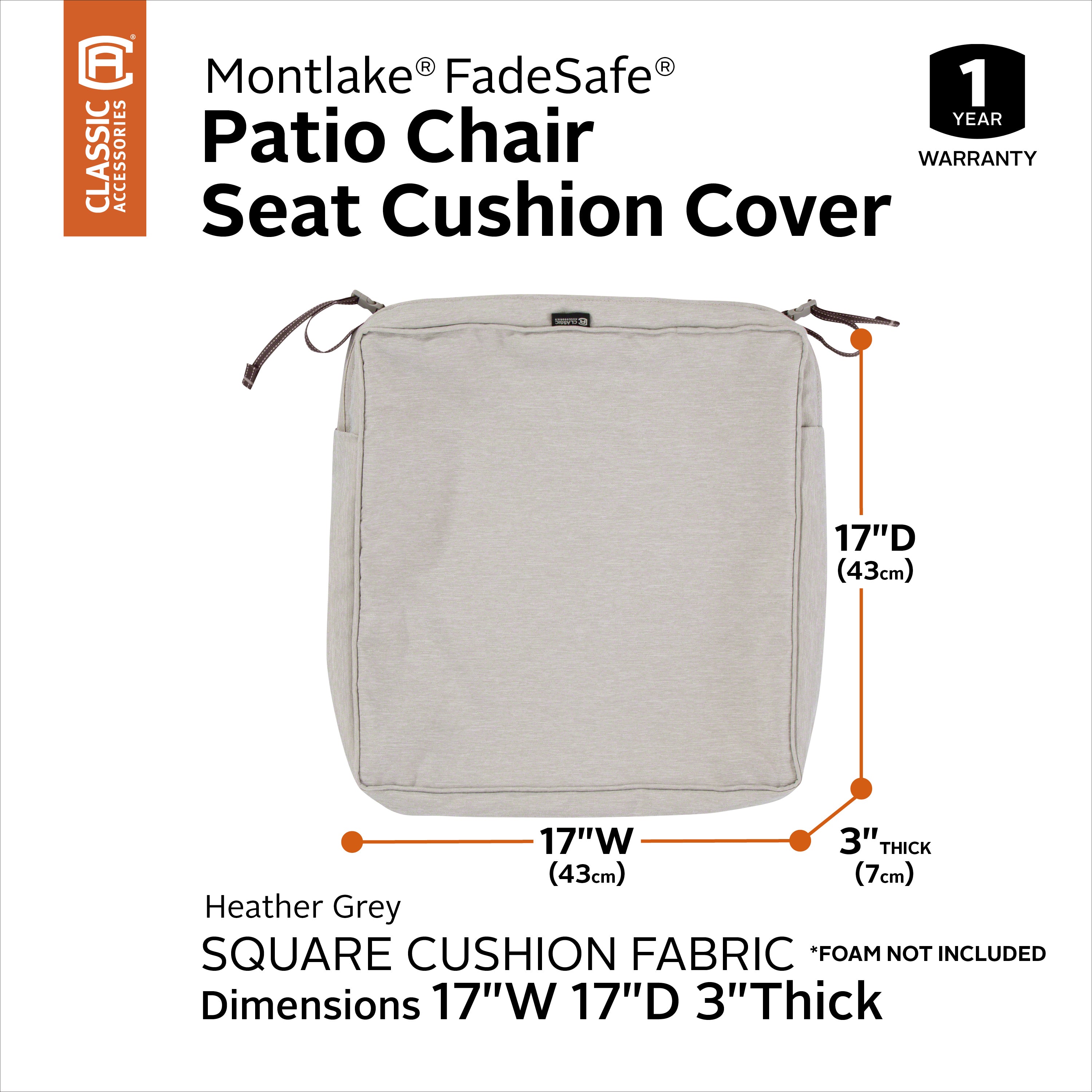 Classic Accessories Montlake FadeSafe Water-Resistant 3 Inch Thick Square Patio Dining Seat Cushion Cover