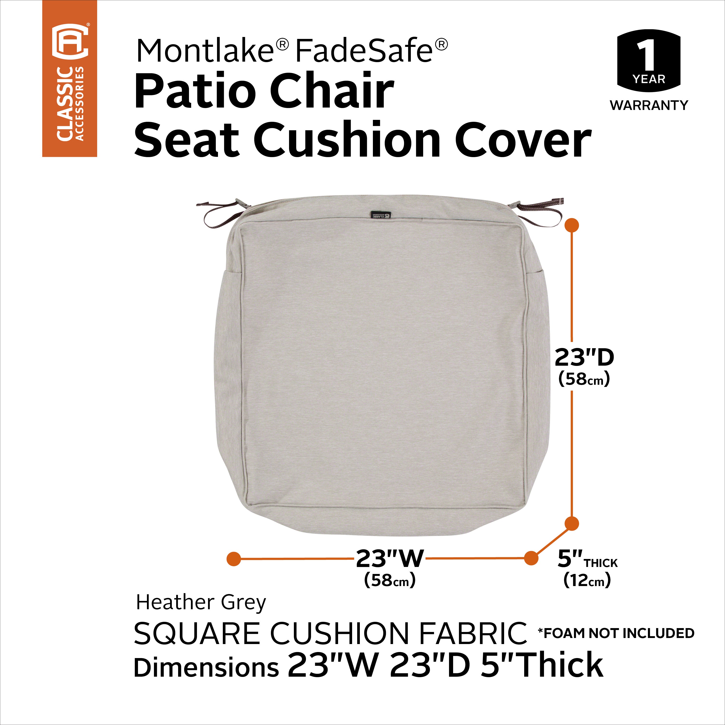 Classic Accessories Montlake FadeSafe Water-Resistant 5 Inch Thick Square Patio Dining Seat Cushion Cover