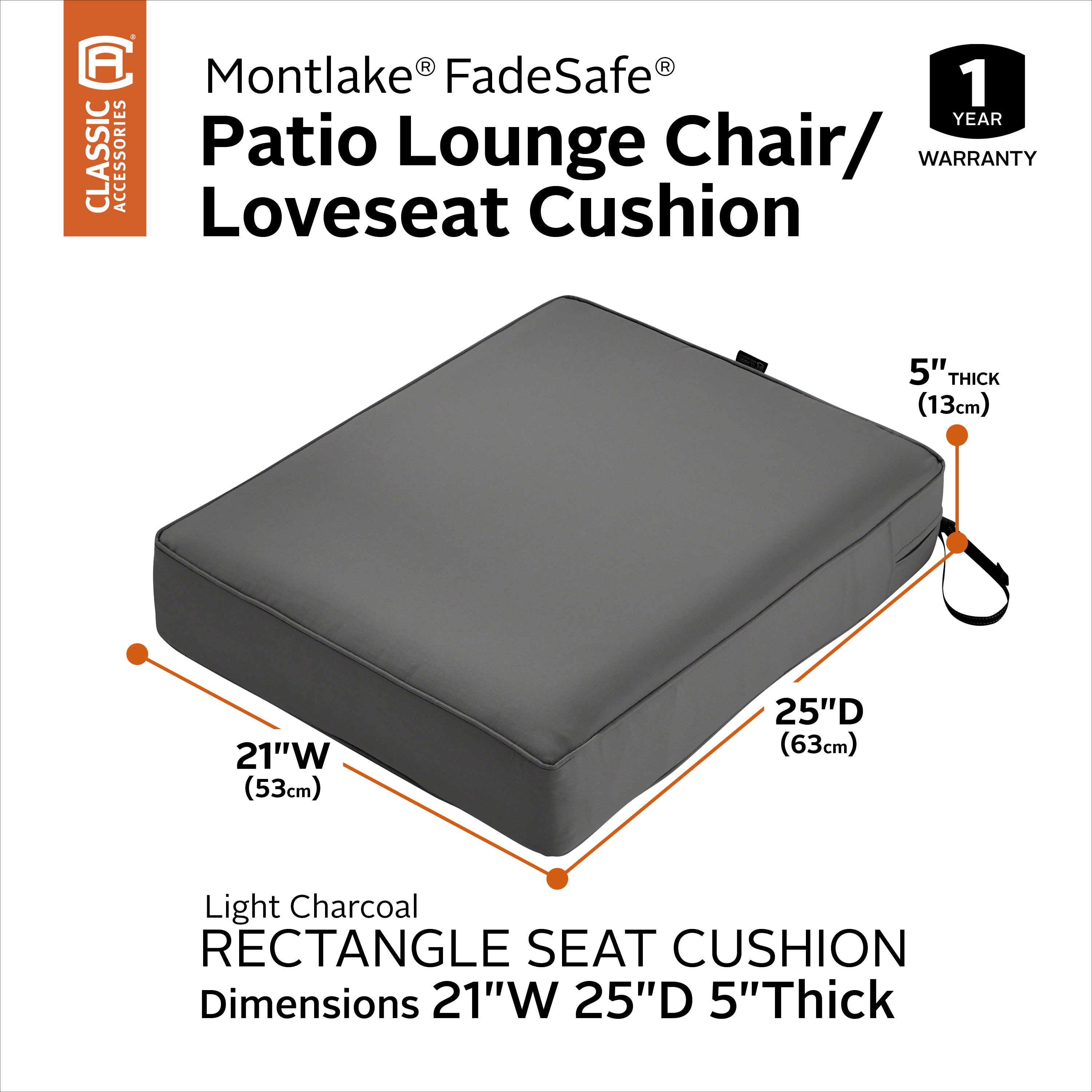 Classic Accessories Montlake FadeSafe Water-Resistant 5 Inch Thick Rectangle Patio Lounge Seat Cushion
