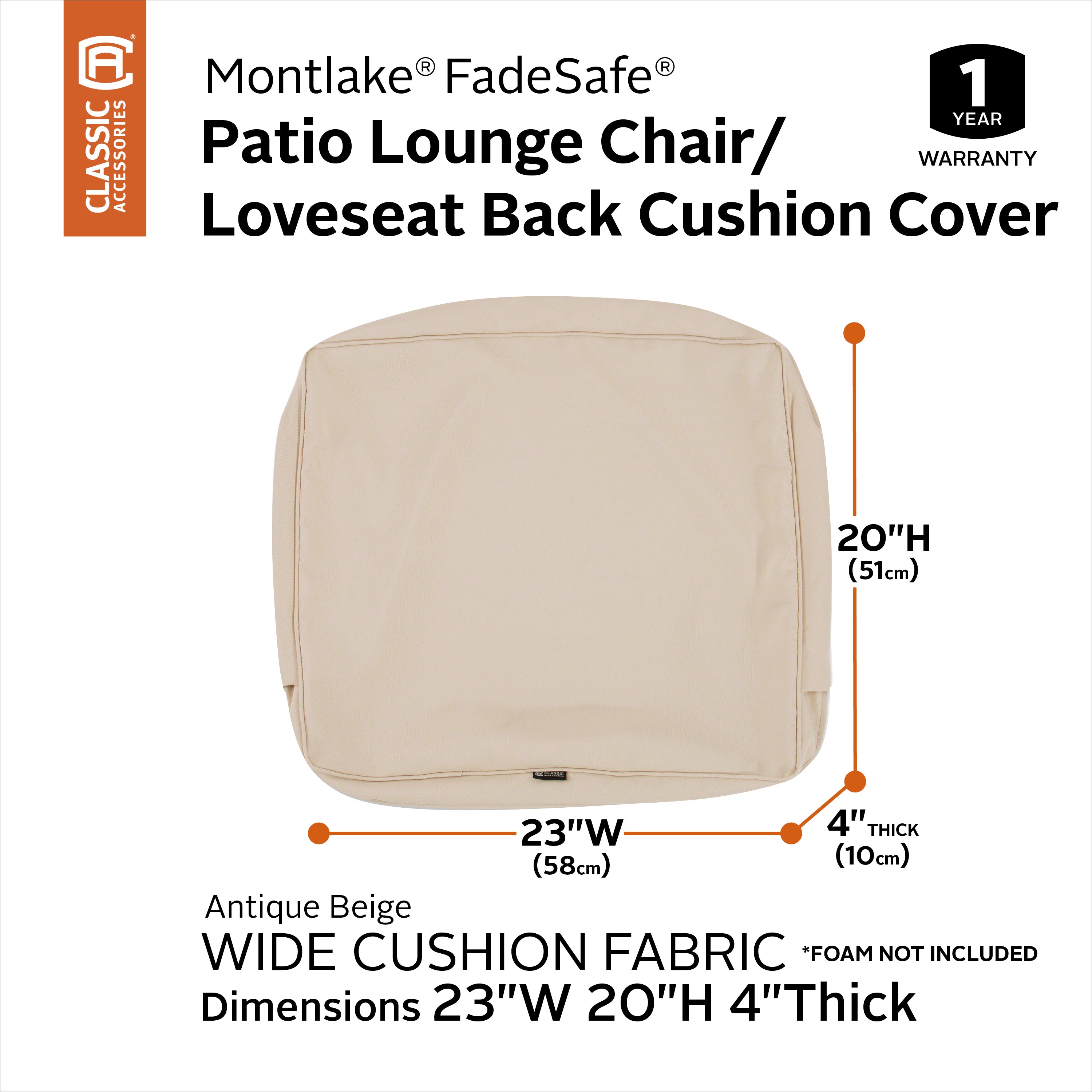 Classic Accessories Montlake FadeSafe Water-Resistant Patio Lounge Back Cushion Cover