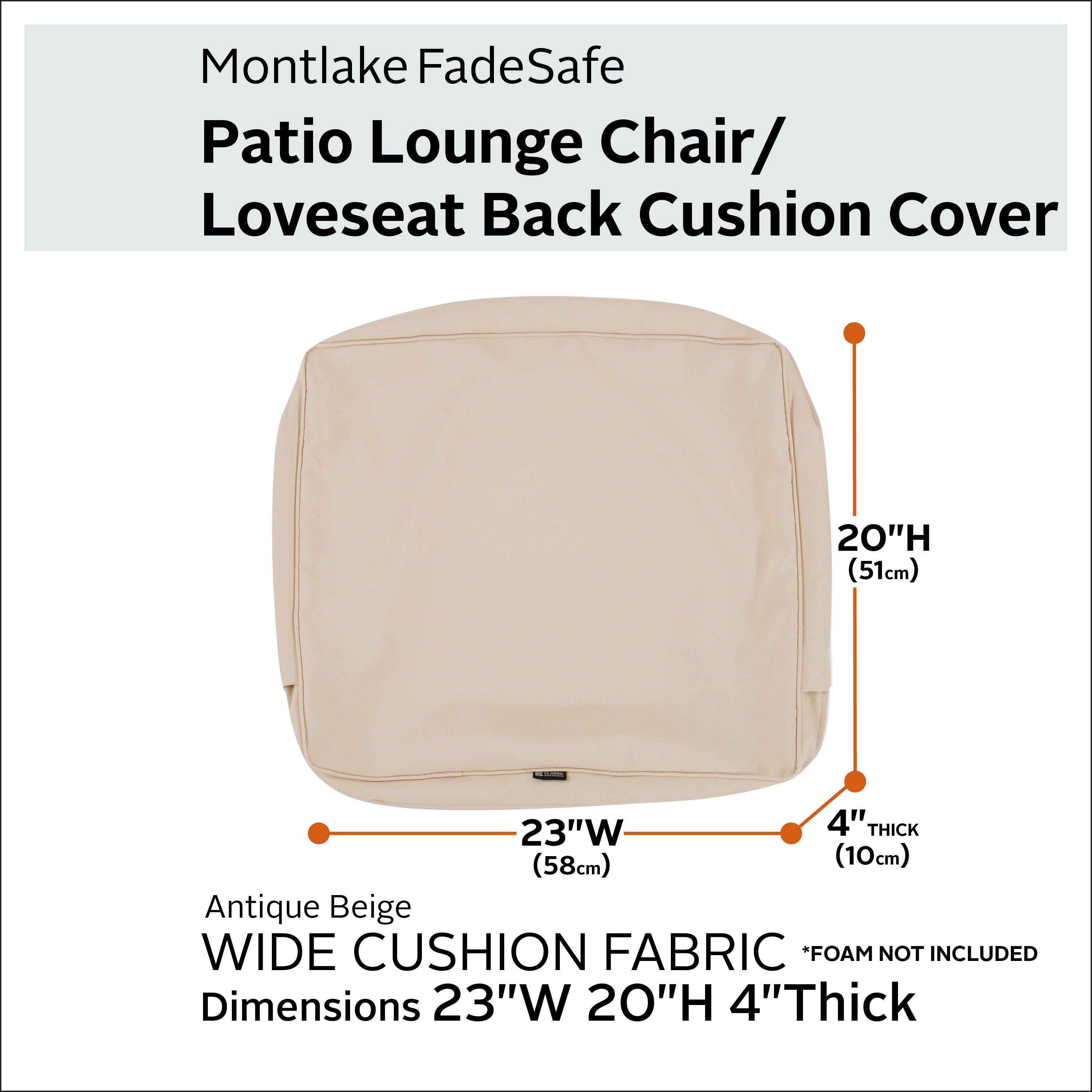 Classic Accessories Montlake FadeSafe Water-Resistant Patio Lounge Back Cushion Cover