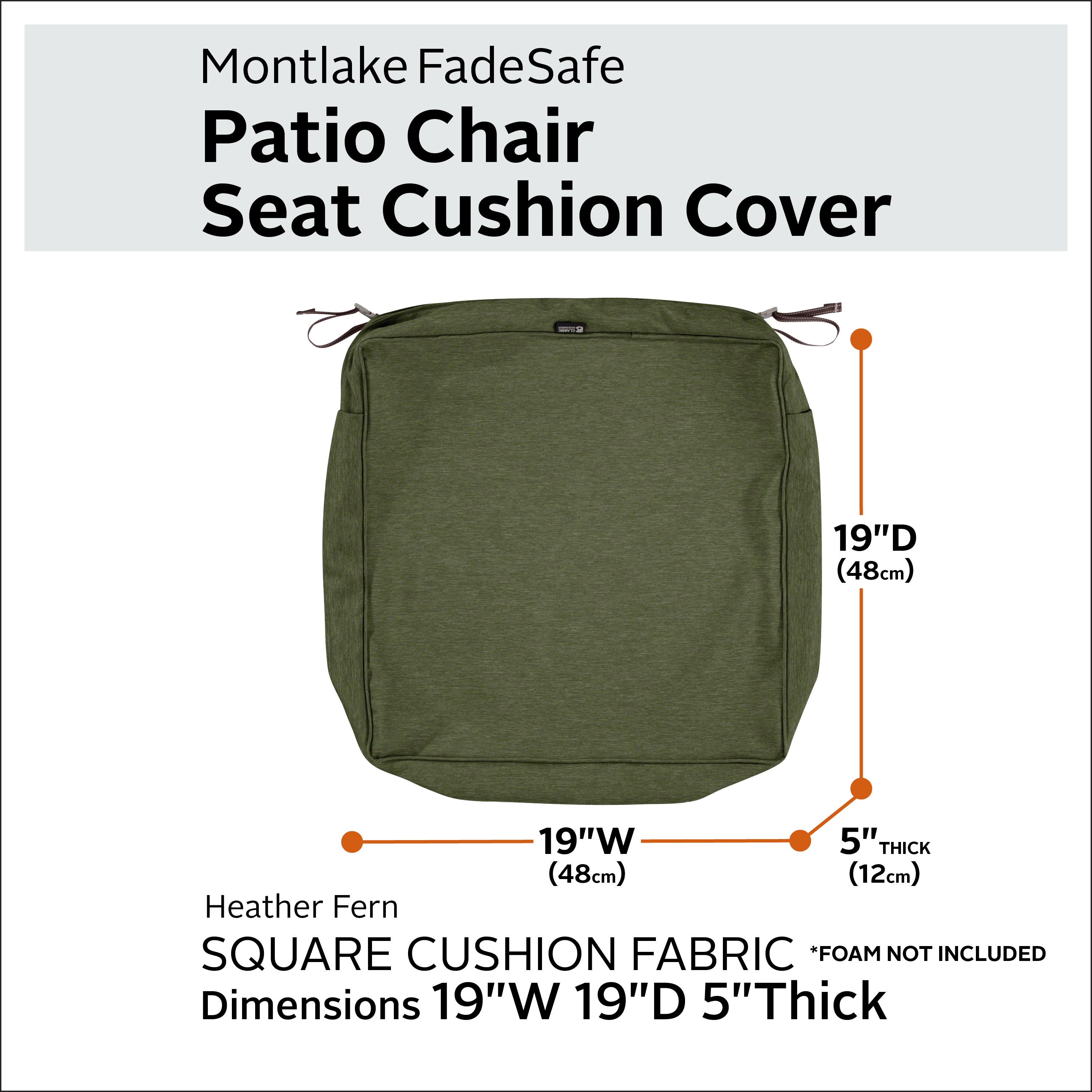 Classic Accessories Montlake FadeSafe Water-Resistant 5 Inch Thick Square Patio Dining Seat Cushion Cover