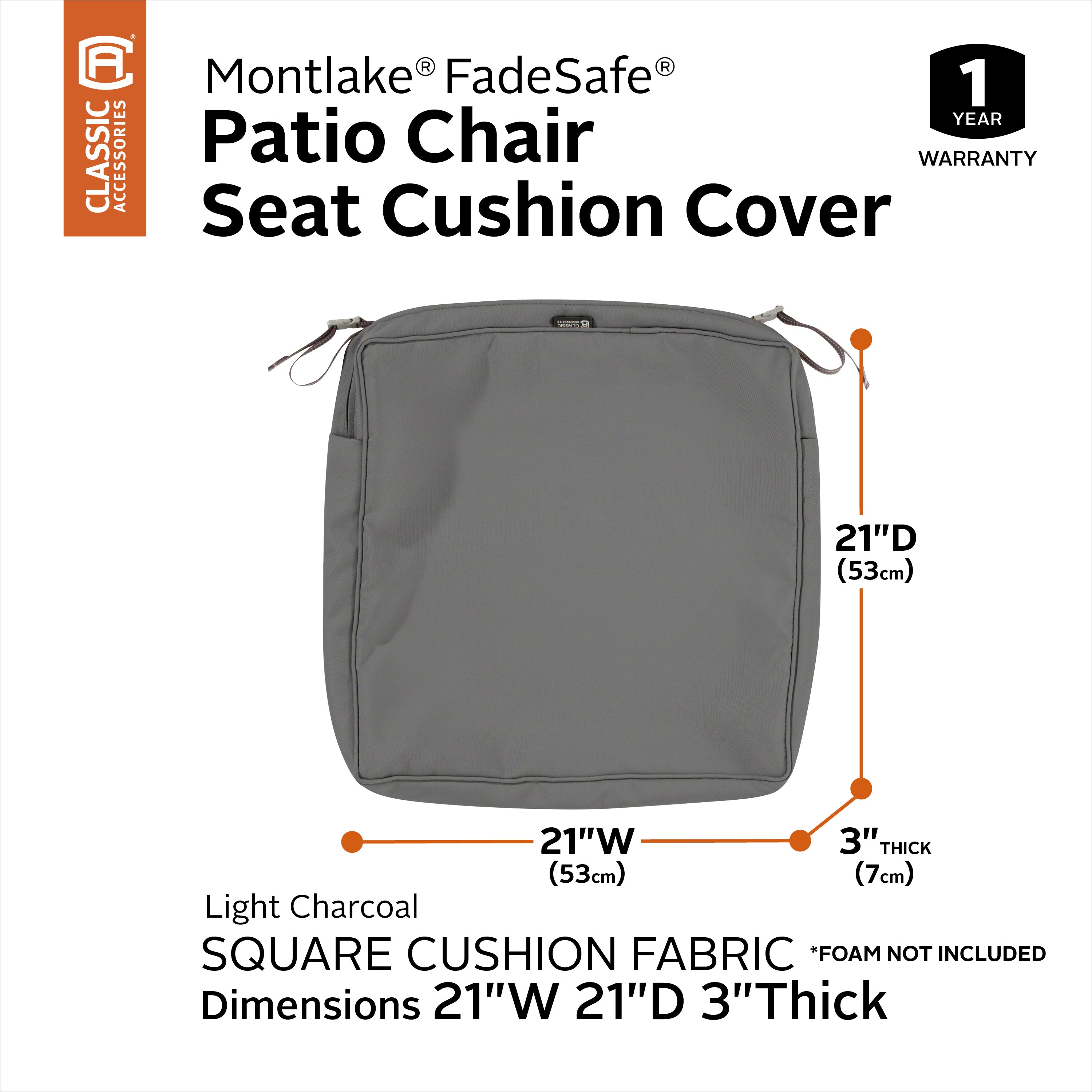 Classic Accessories Montlake FadeSafe Water-Resistant 3 Inch Thick Square Patio Dining Seat Cushion Cover