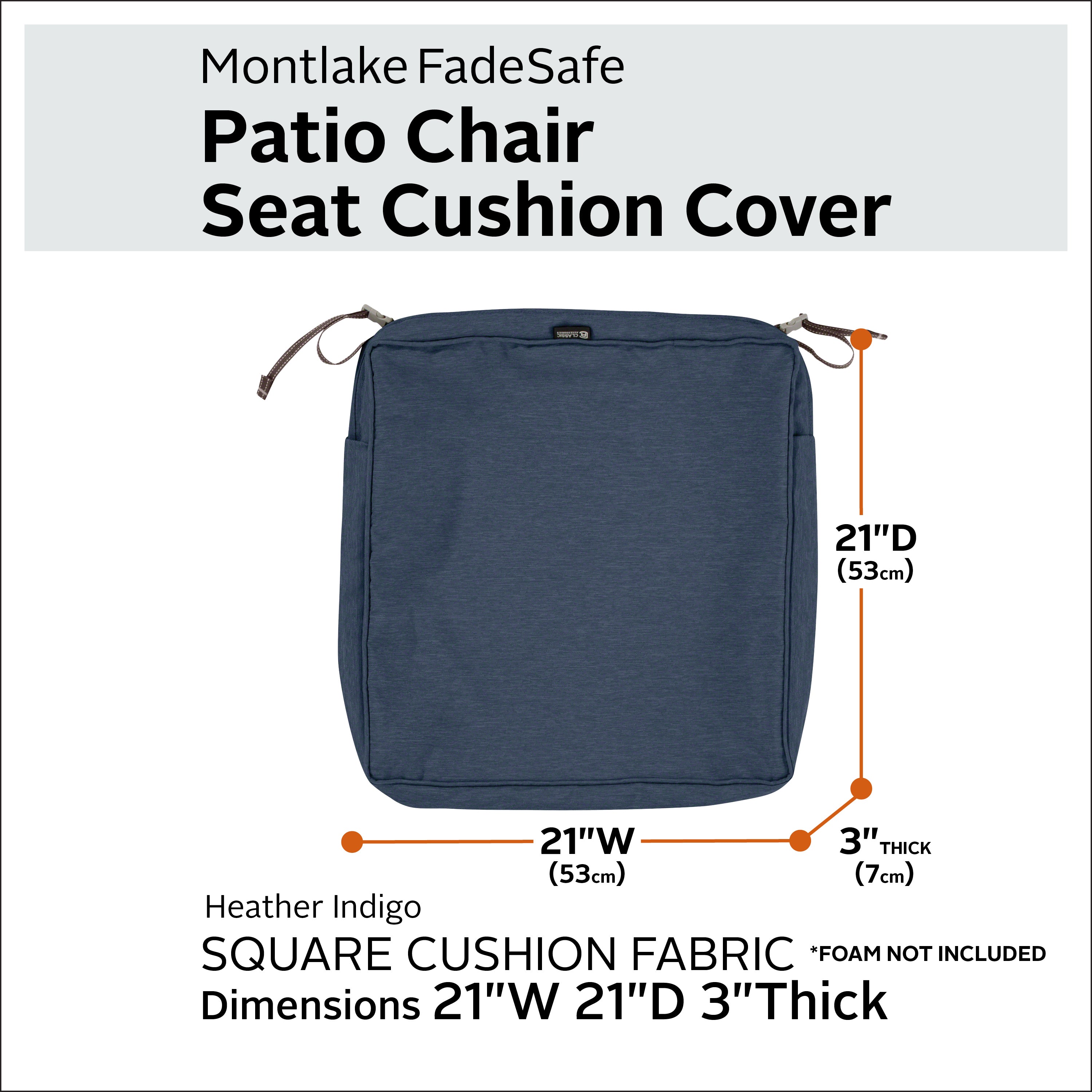 Classic Accessories Montlake FadeSafe Water-Resistant 3 Inch Thick Square Patio Dining Seat Cushion Cover