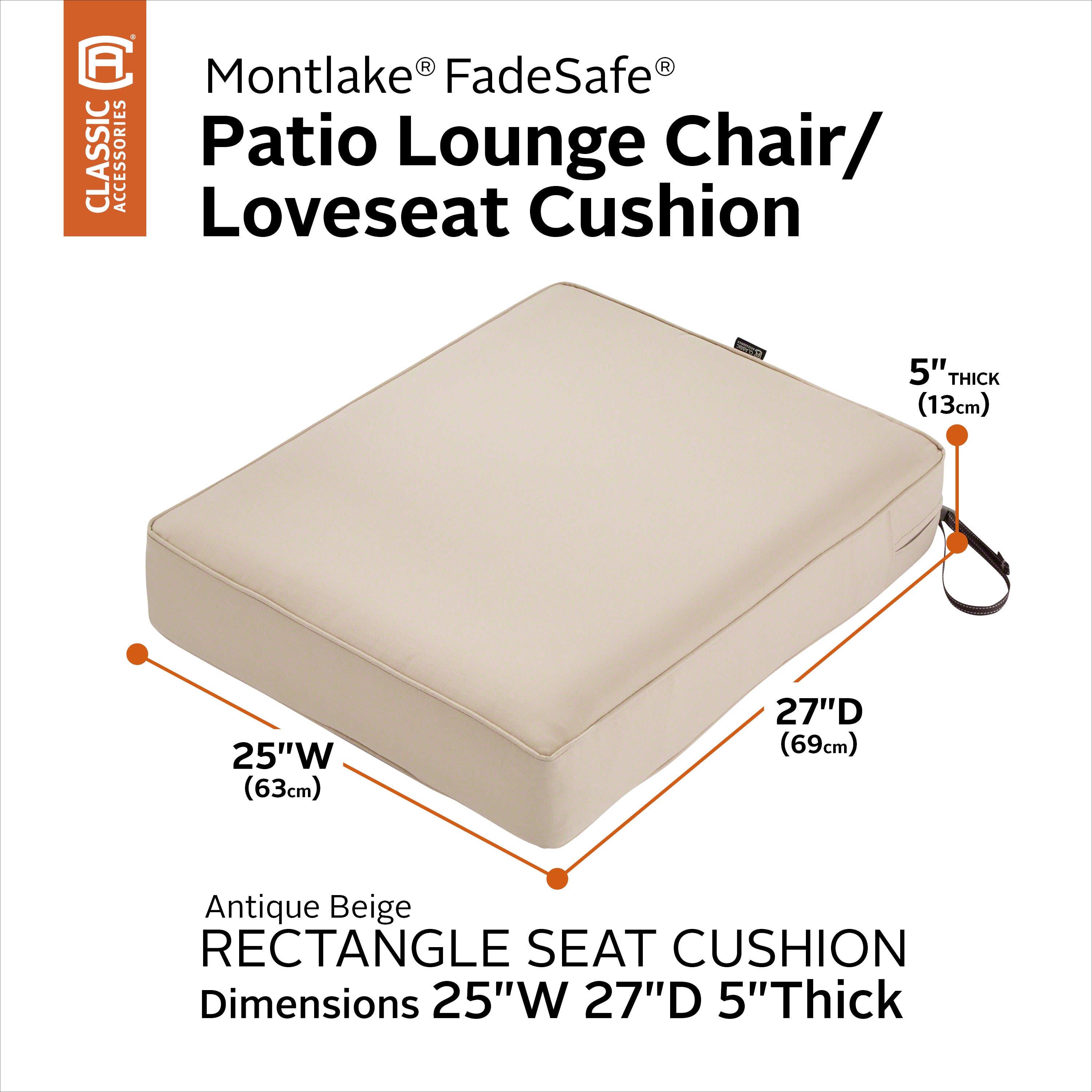 Classic Accessories Montlake FadeSafe Water-Resistant 5 Inch Thick Rectangle Patio Lounge Seat Cushion