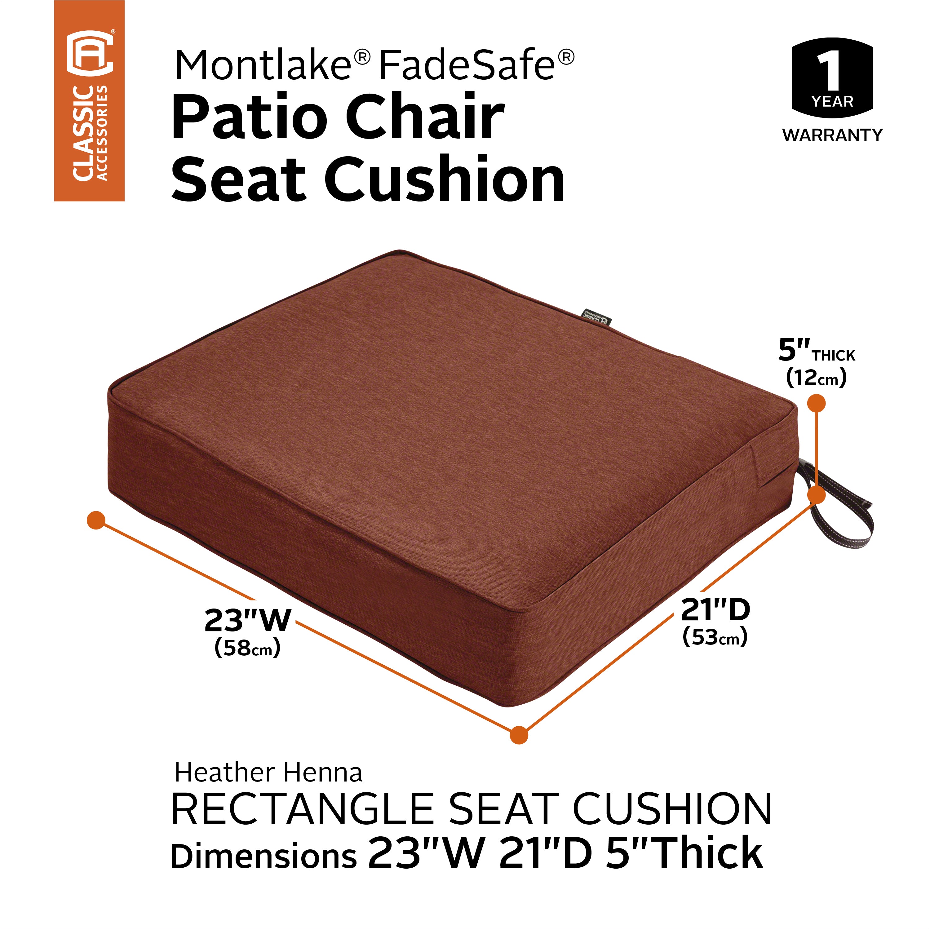 Classic Accessories Montlake FadeSafe Water-Resistant 5 Inch Thick Rectangle Patio Lounge Seat Cushion
