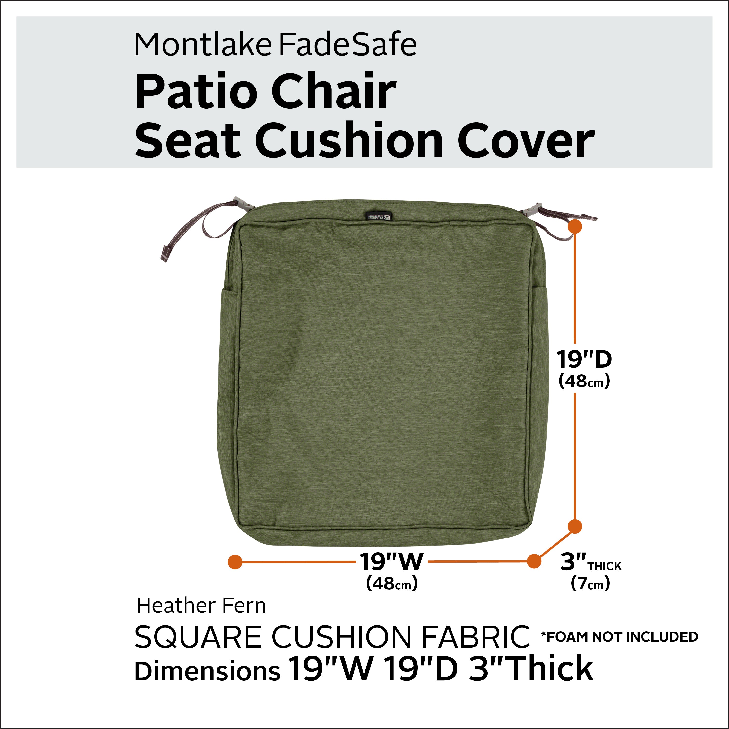 Classic Accessories Montlake FadeSafe Water-Resistant 3 Inch Thick Square Patio Dining Seat Cushion Cover