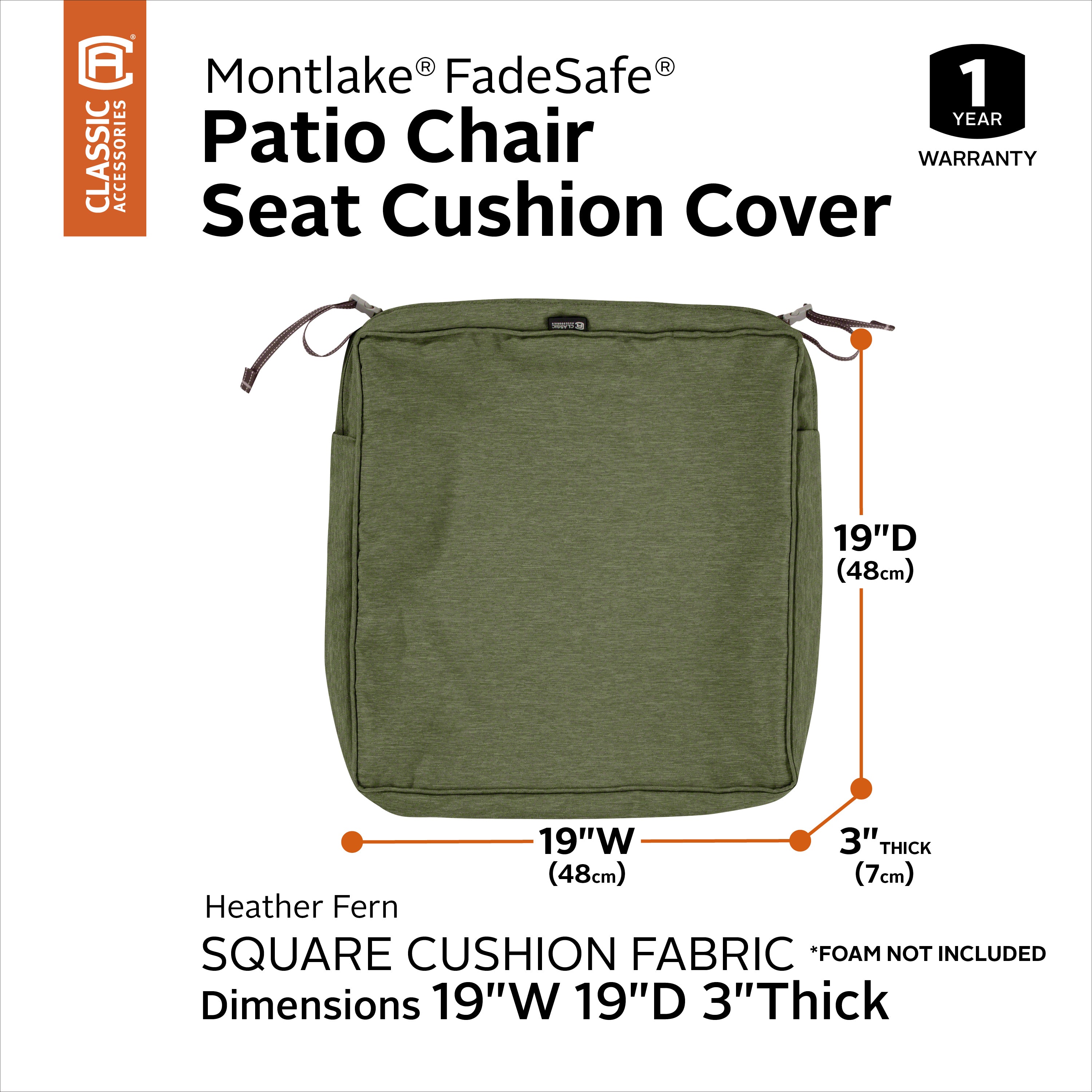 Classic Accessories Montlake FadeSafe Water-Resistant 3 Inch Thick Square Patio Dining Seat Cushion Cover