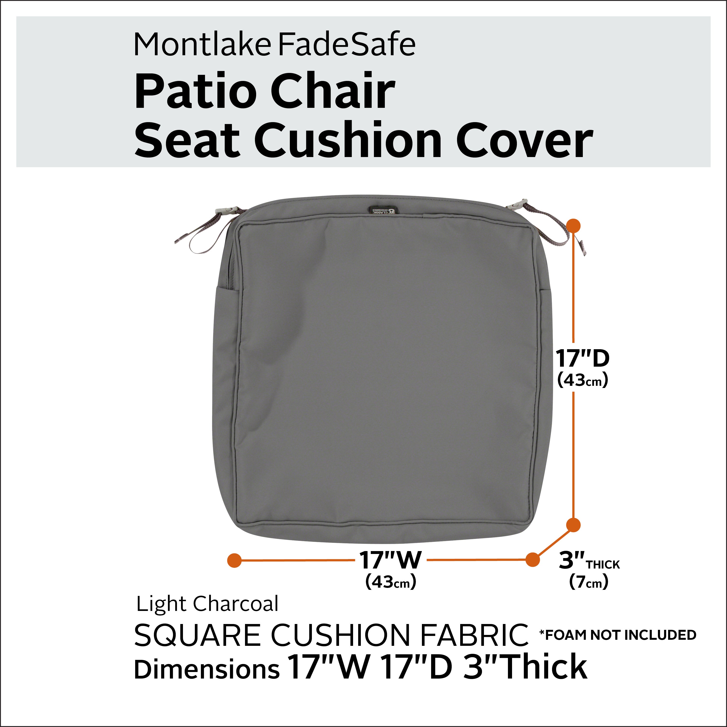Classic Accessories Montlake FadeSafe Water-Resistant 3 Inch Thick Square Patio Dining Seat Cushion Cover
