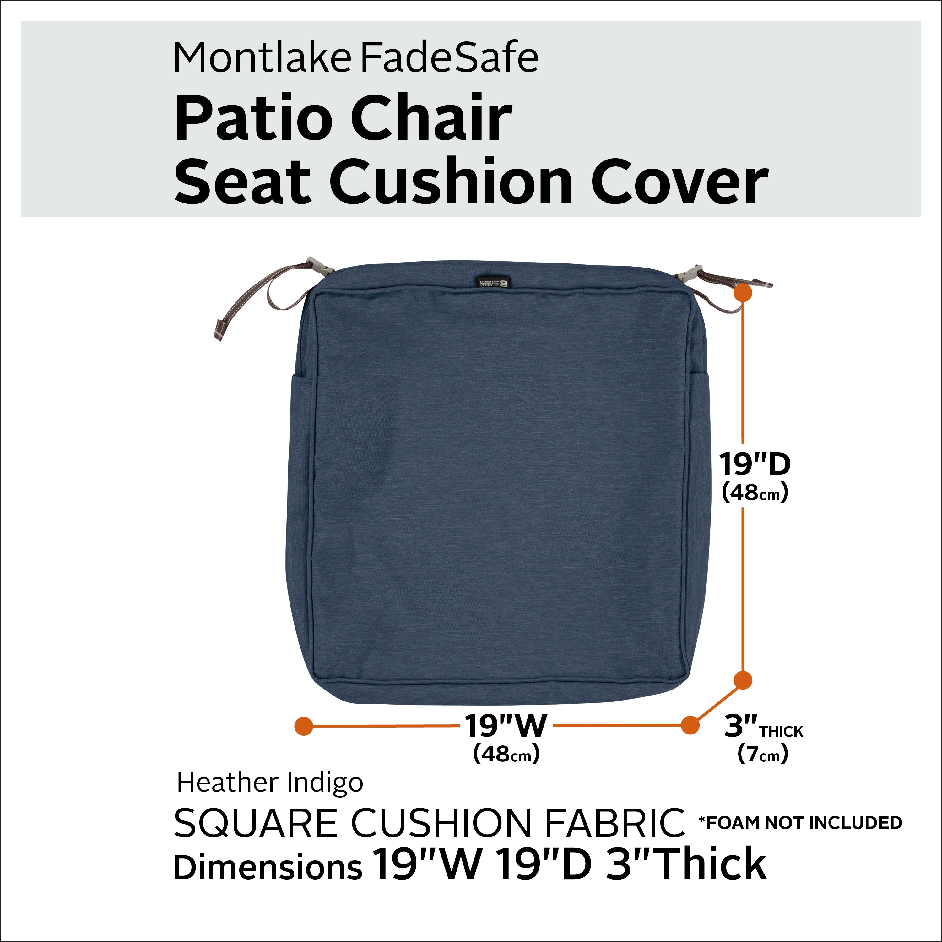 Classic Accessories Montlake FadeSafe Water-Resistant 3 Inch Thick Square Patio Dining Seat Cushion Cover