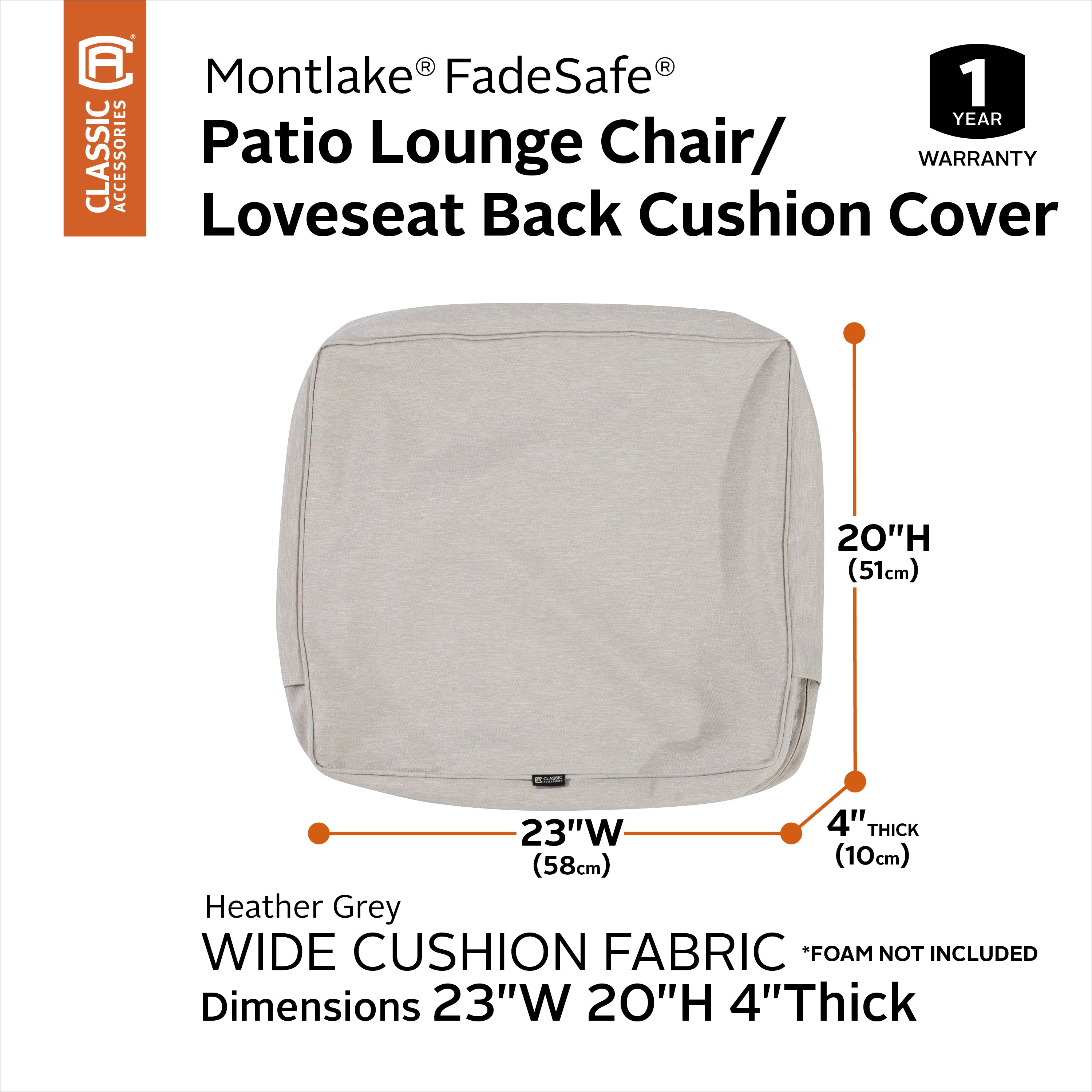 Classic Accessories Montlake FadeSafe Water-Resistant Patio Lounge Back Cushion Cover
