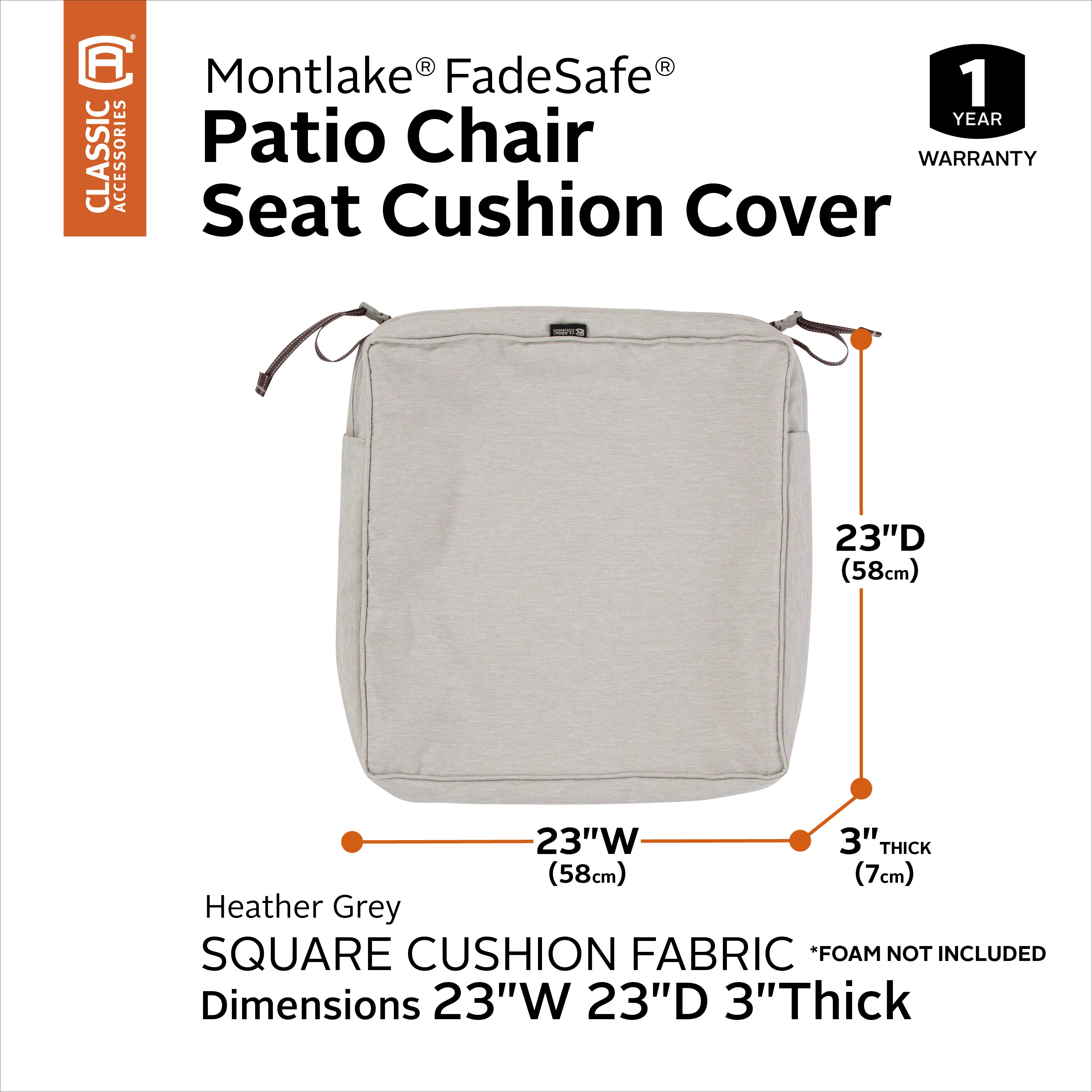 Classic Accessories Montlake FadeSafe Water-Resistant 3 Inch Thick Square Patio Dining Seat Cushion Cover