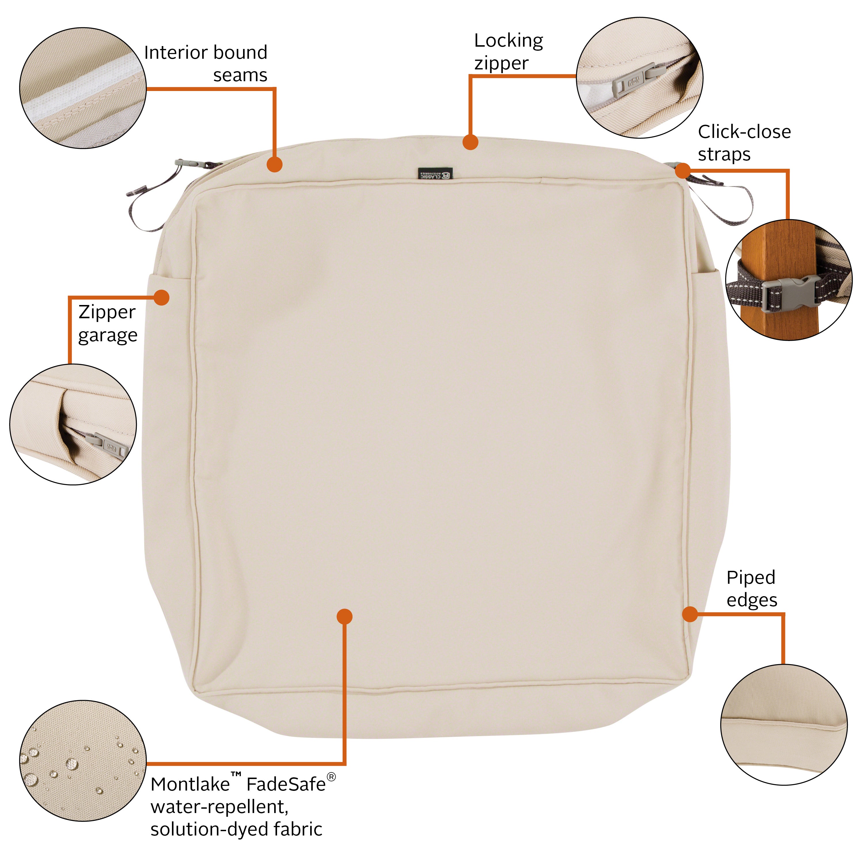 Classic Accessories Montlake FadeSafe Water-Resistant 5 Inch Thick Square Patio Dining Seat Cushion Cover