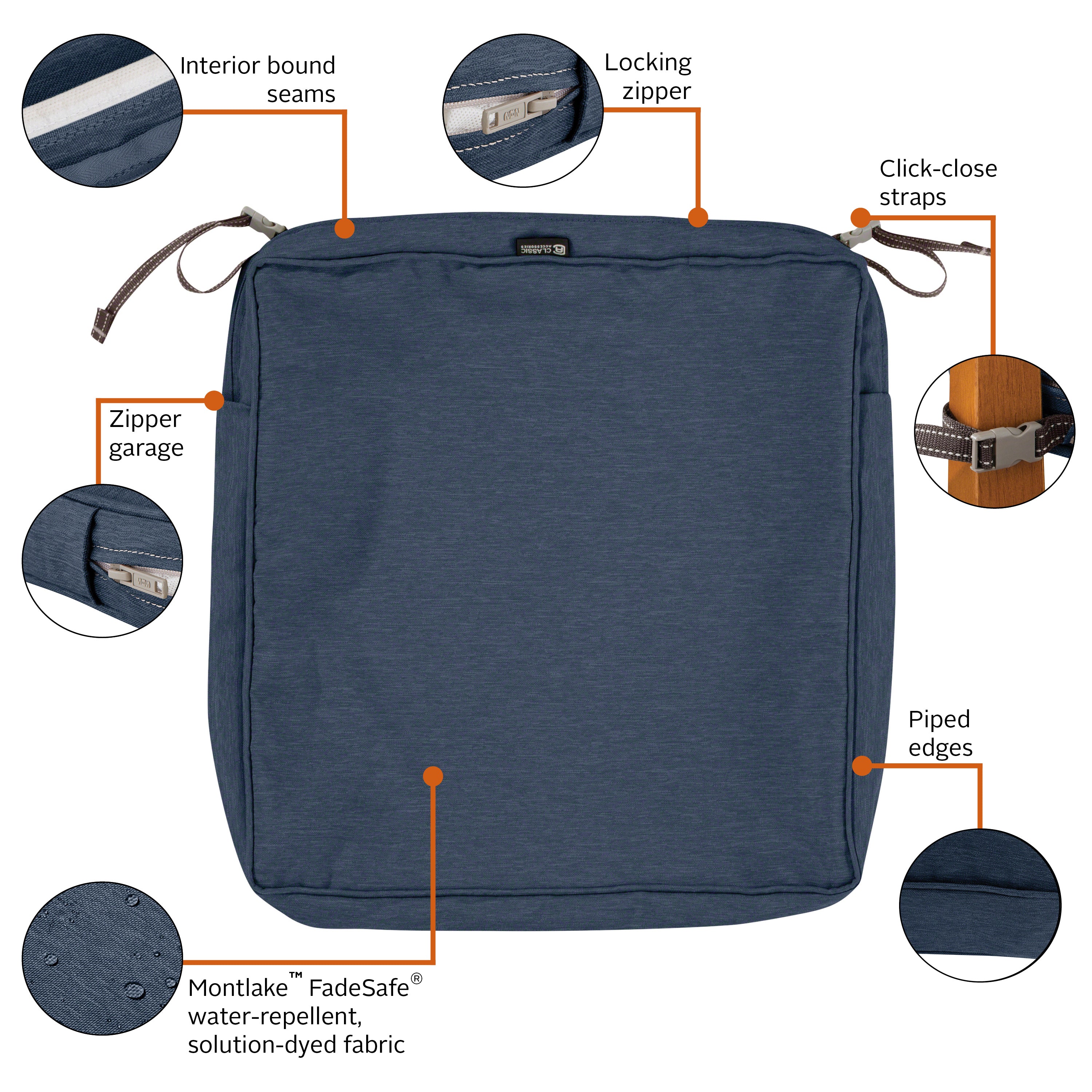 Classic Accessories Montlake FadeSafe Water-Resistant 3 Inch Thick Square Patio Dining Seat Cushion Cover