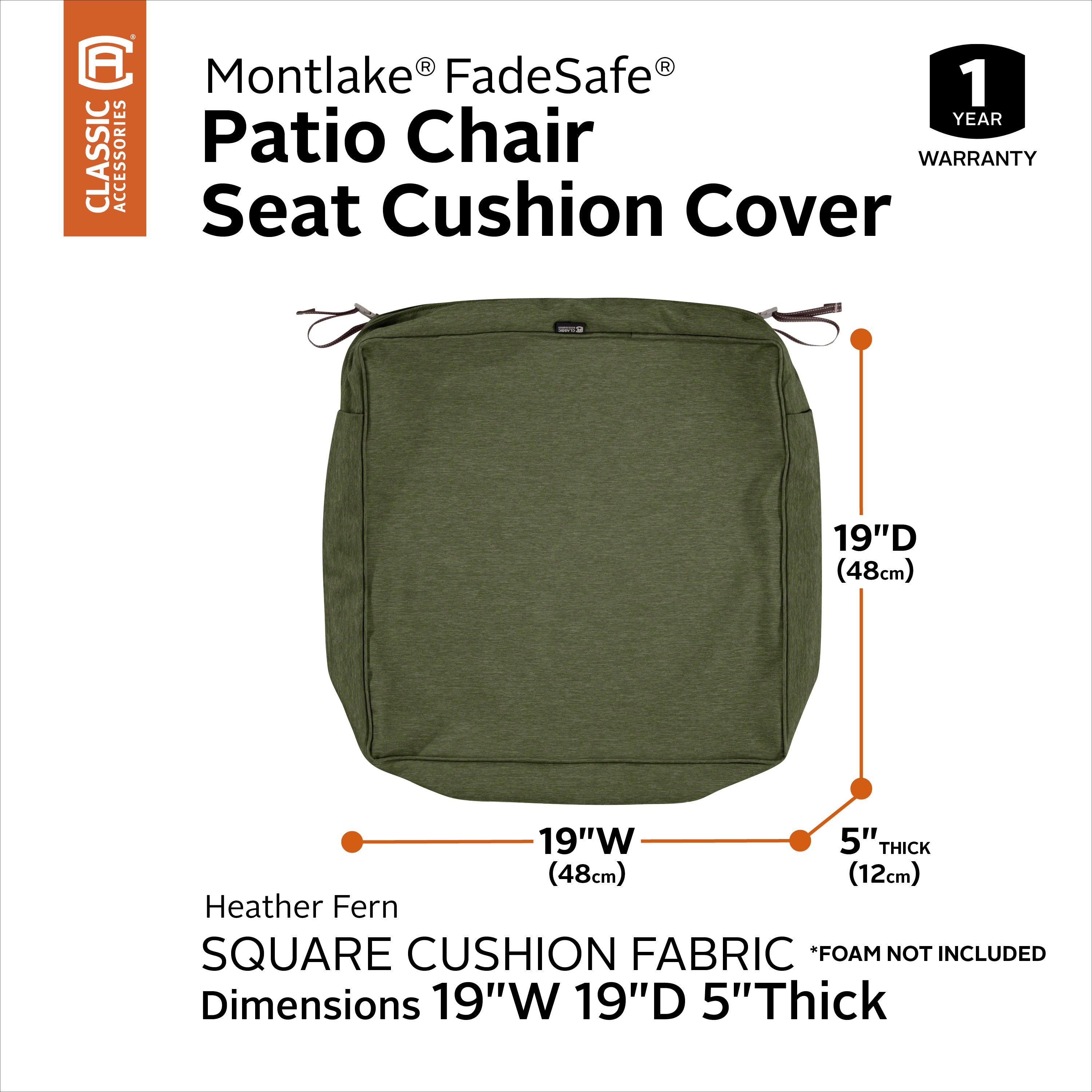 Classic Accessories Montlake FadeSafe Water-Resistant 5 Inch Thick Square Patio Dining Seat Cushion Cover