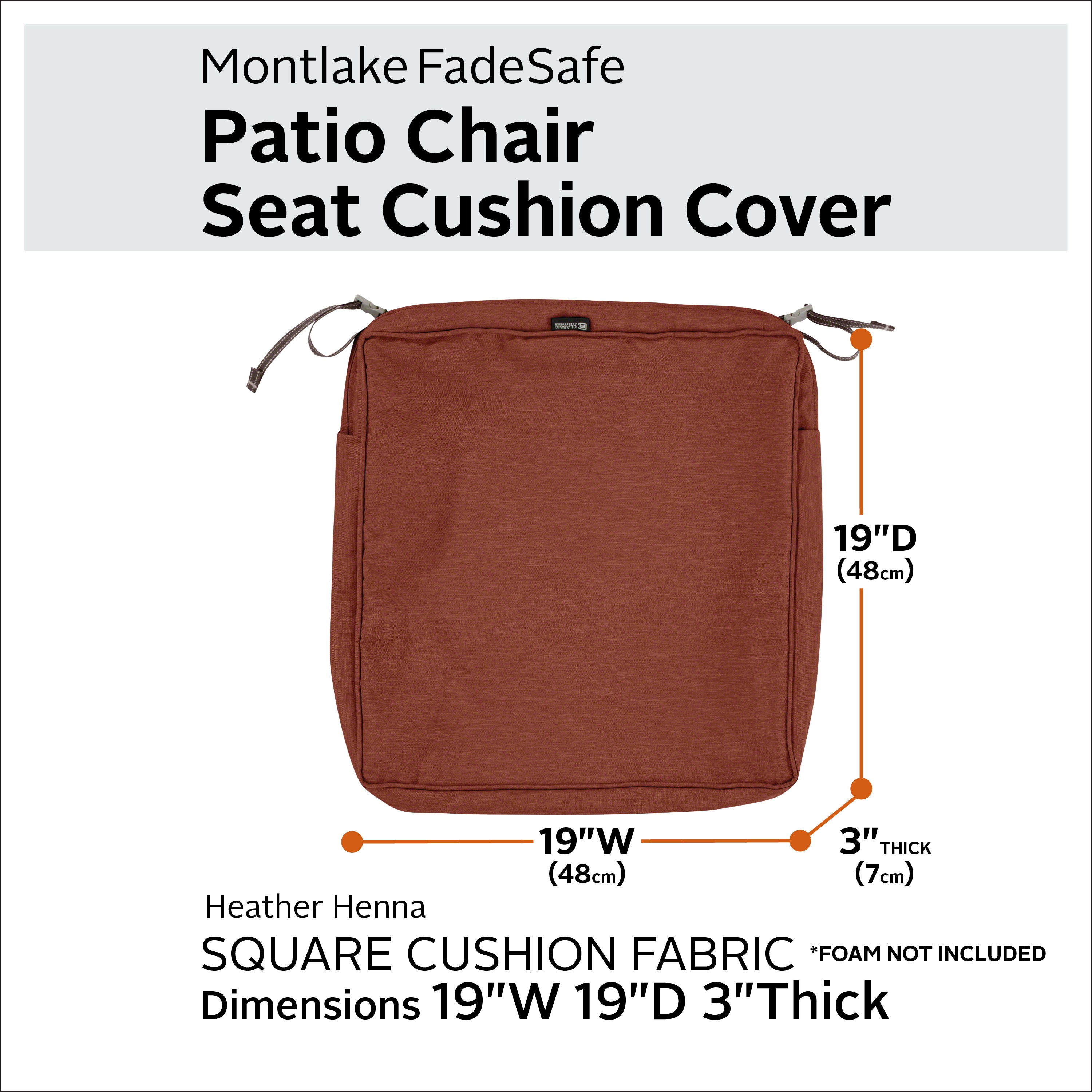 Classic Accessories Montlake FadeSafe Water-Resistant 3 Inch Thick Square Patio Dining Seat Cushion Cover