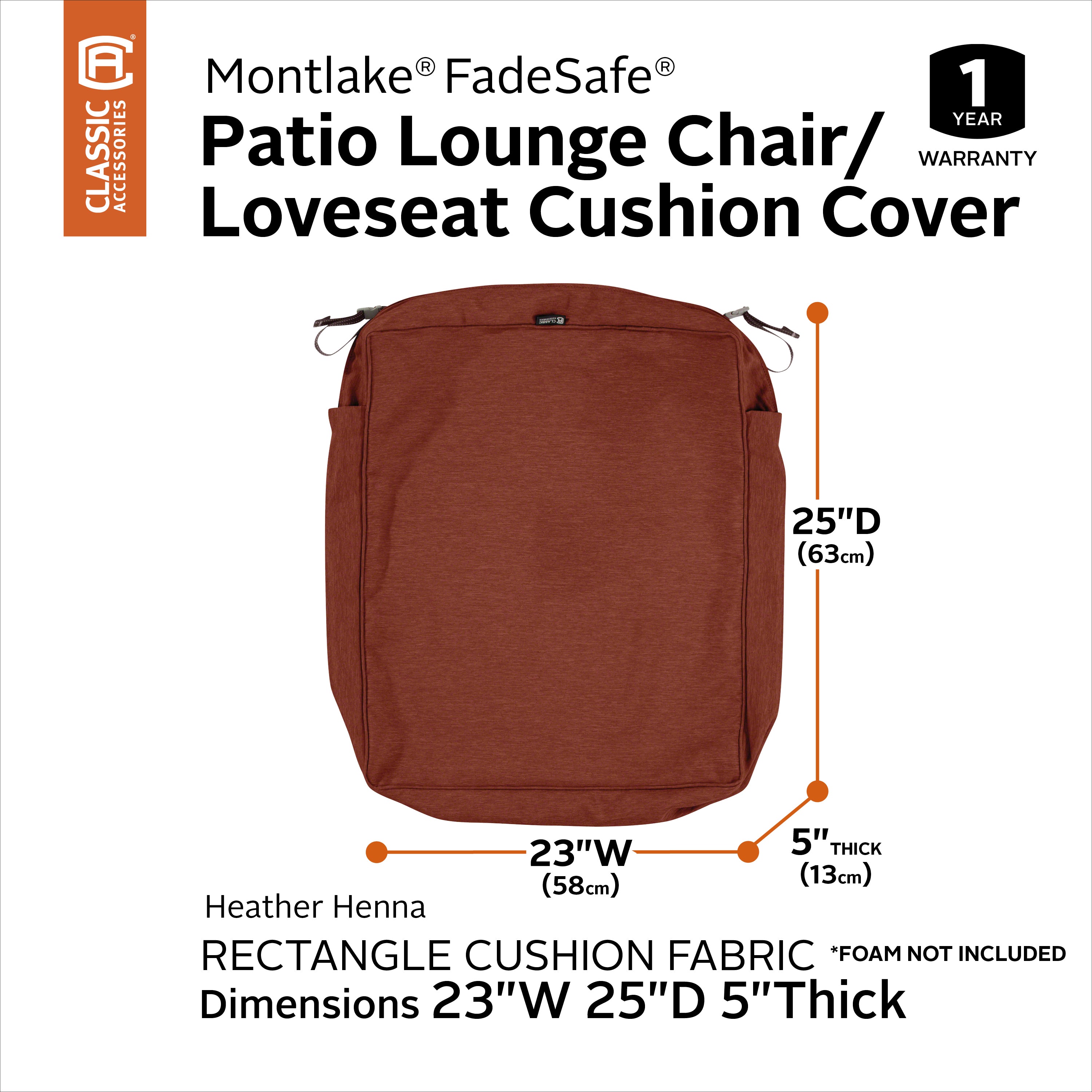 Classic Accessories Montlake FadeSafe Water-Resistant Rectangular Patio Lounge Seat Cushion Cover