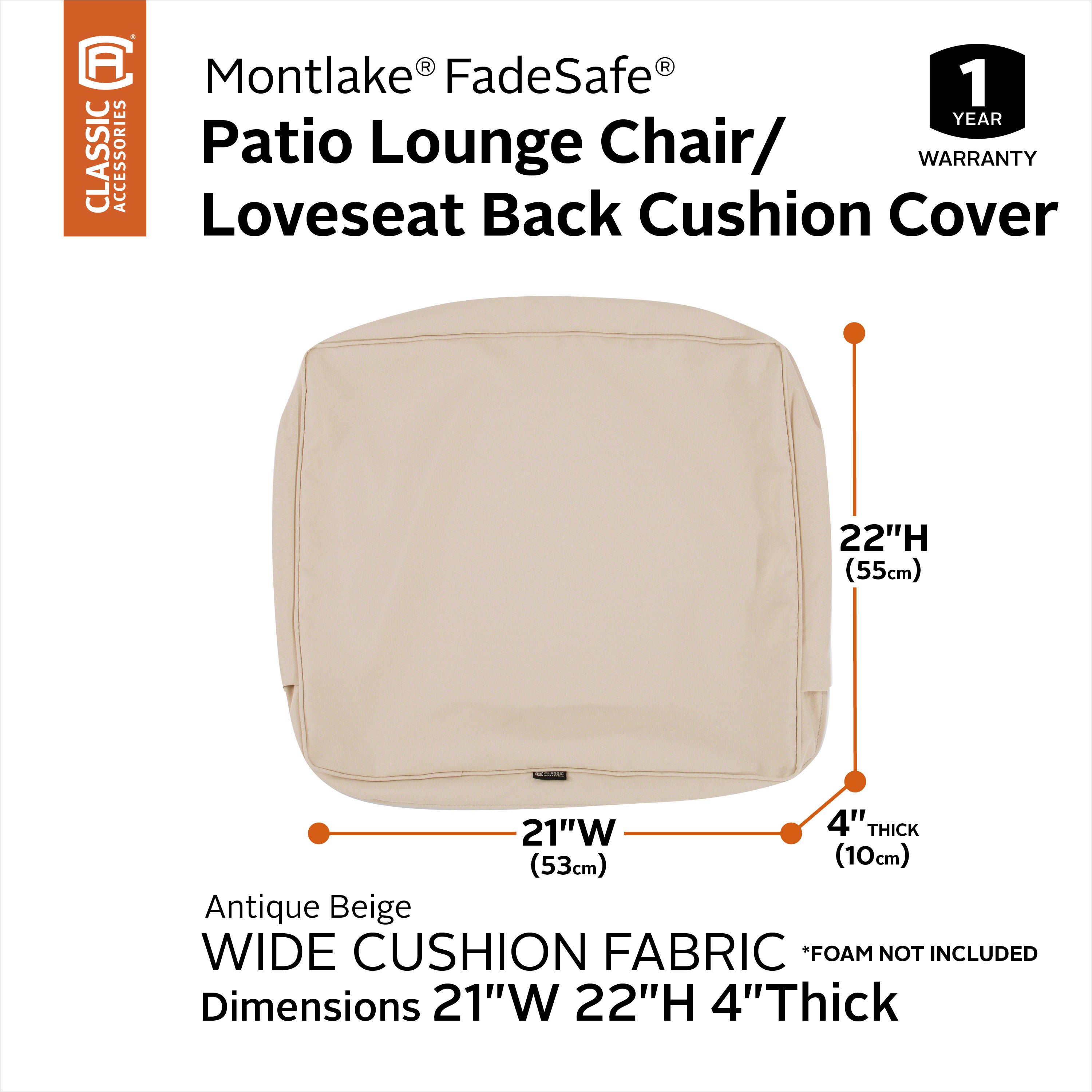 Classic Accessories Montlake FadeSafe Water-Resistant Patio Lounge Back Cushion Cover