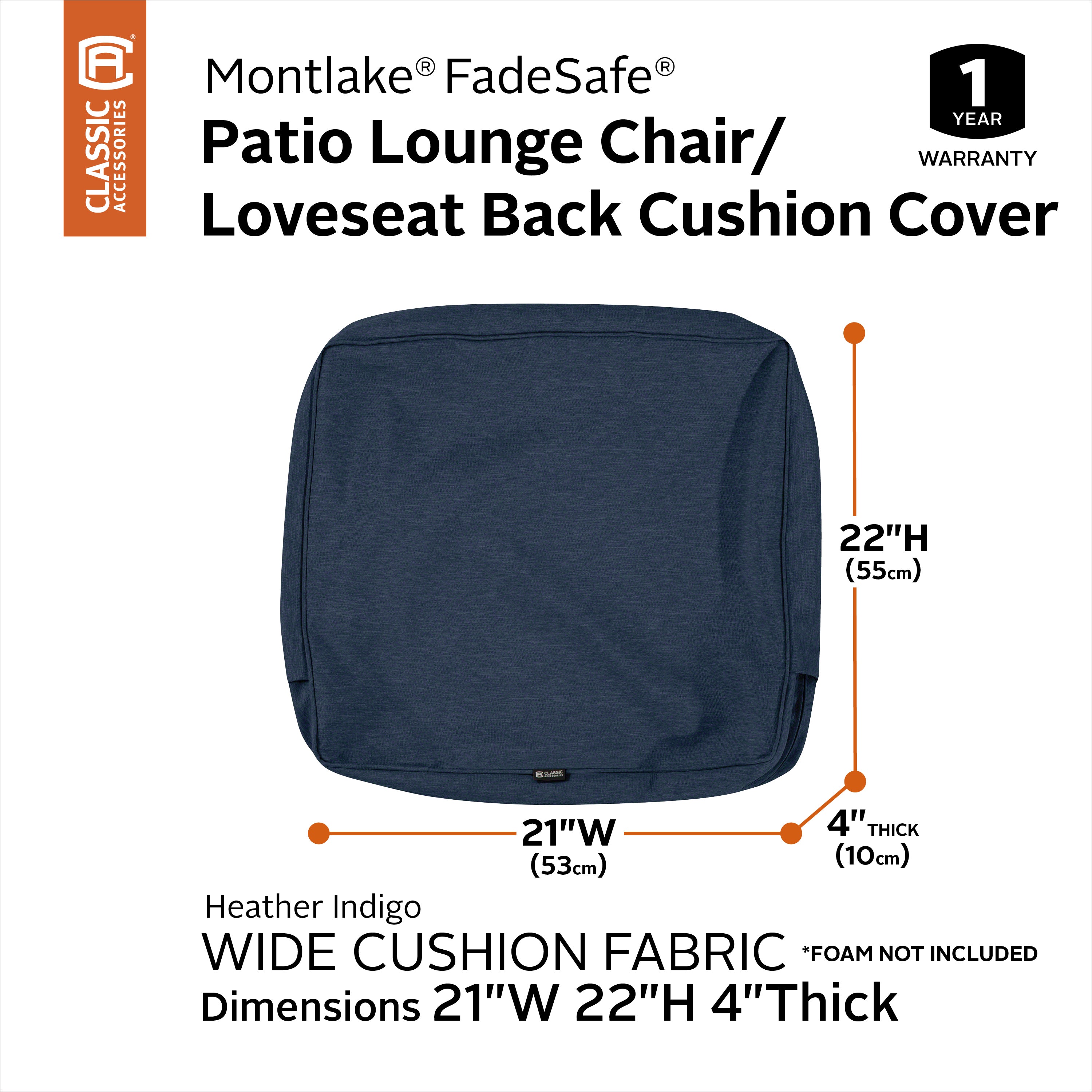 Classic Accessories Montlake FadeSafe Water-Resistant Patio Lounge Back Cushion Cover
